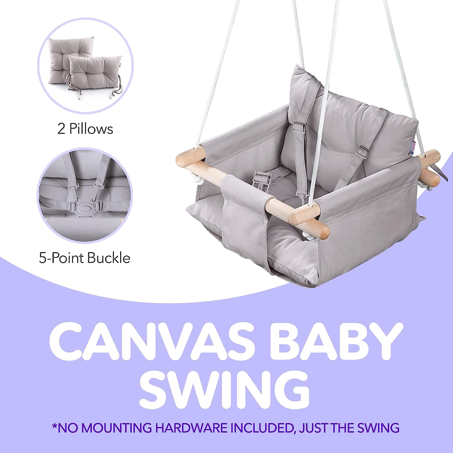 Canvas Baby Swing, Wooden Hanging Swing Seat Chair with Safety Belt, Durable Baby Hammock Chair, Outdoor and Indoor Swing for Kids, Mounting Hardware Included, Ivory