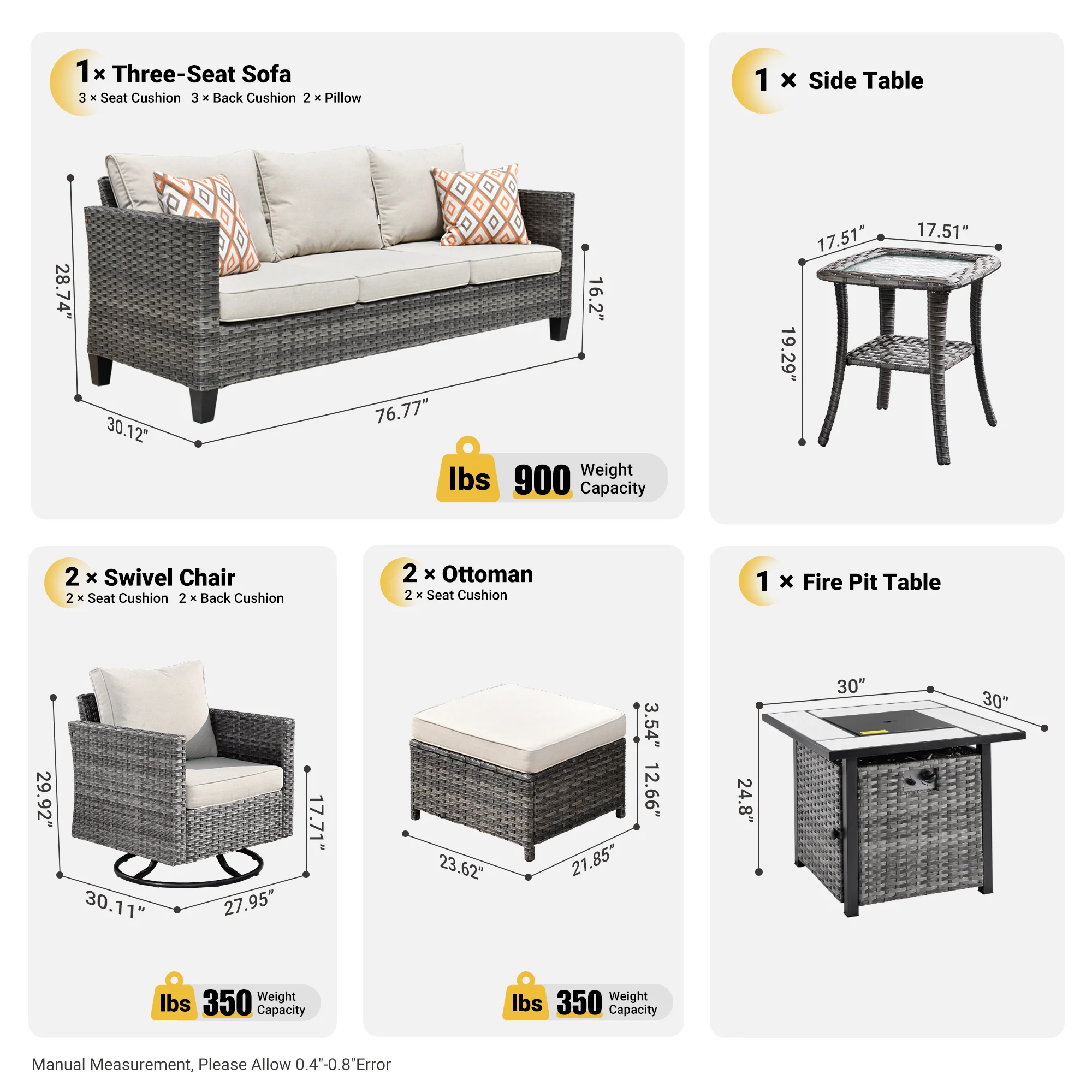 Ovios Patio Vultros 7-Piece Set With Swivel Chair and Rectangle 42'' Propane Fire Pit Table