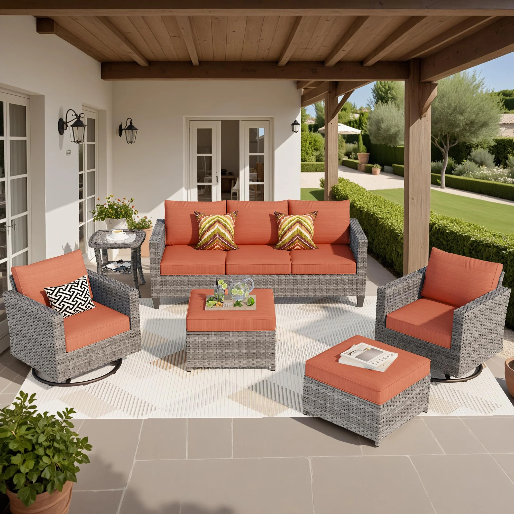 Ovios Patio Furniture Set 6-Piece with Swivel Rocking Chairs and Table