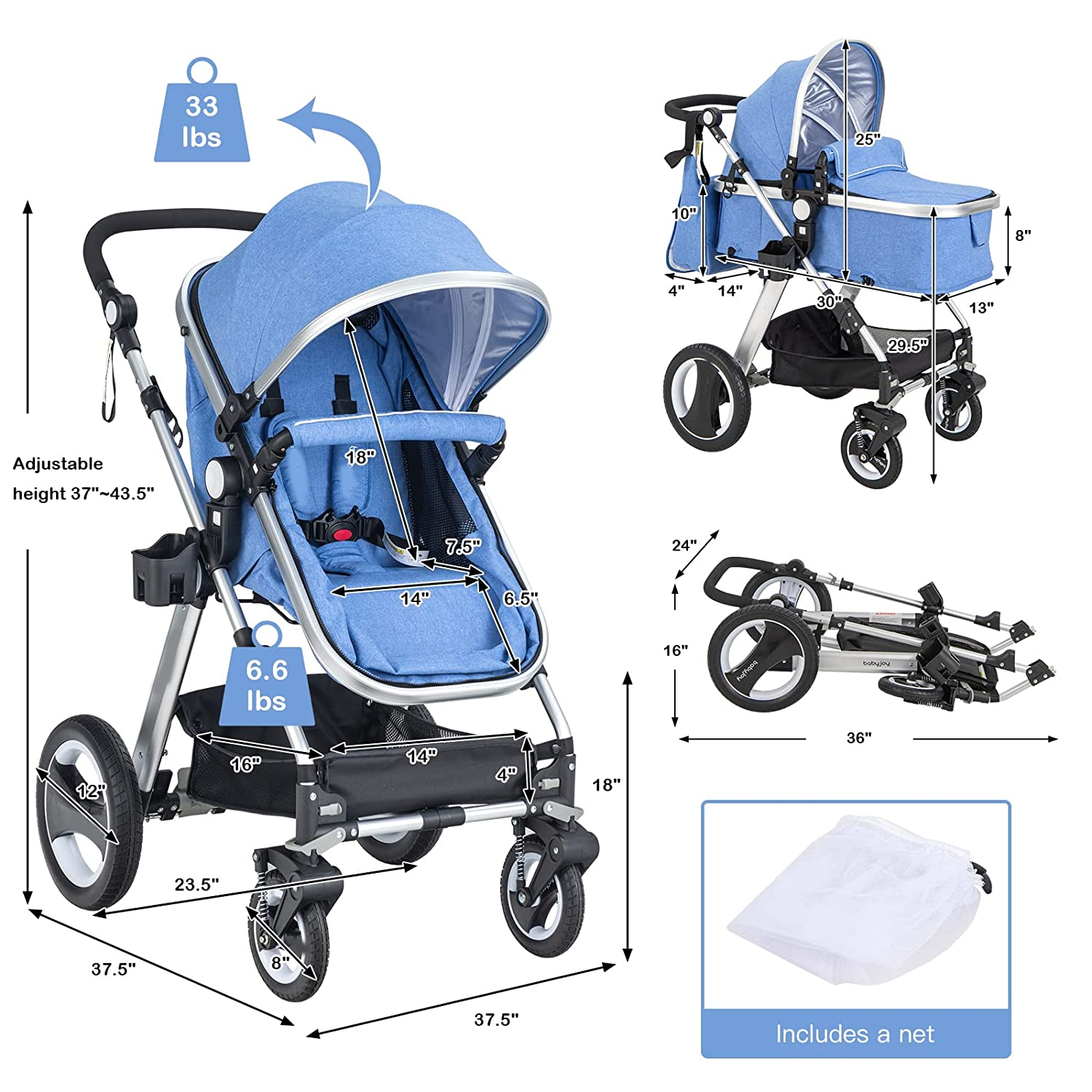 Baby Stroller, 2-in-1 Convertible Bassinet Reclining Stroller, Foldable Pram Carriage with 5-Point Harness, Including Cup Holder, Foot Cover, Diaper Bag, Aluminum Structure, Khaki