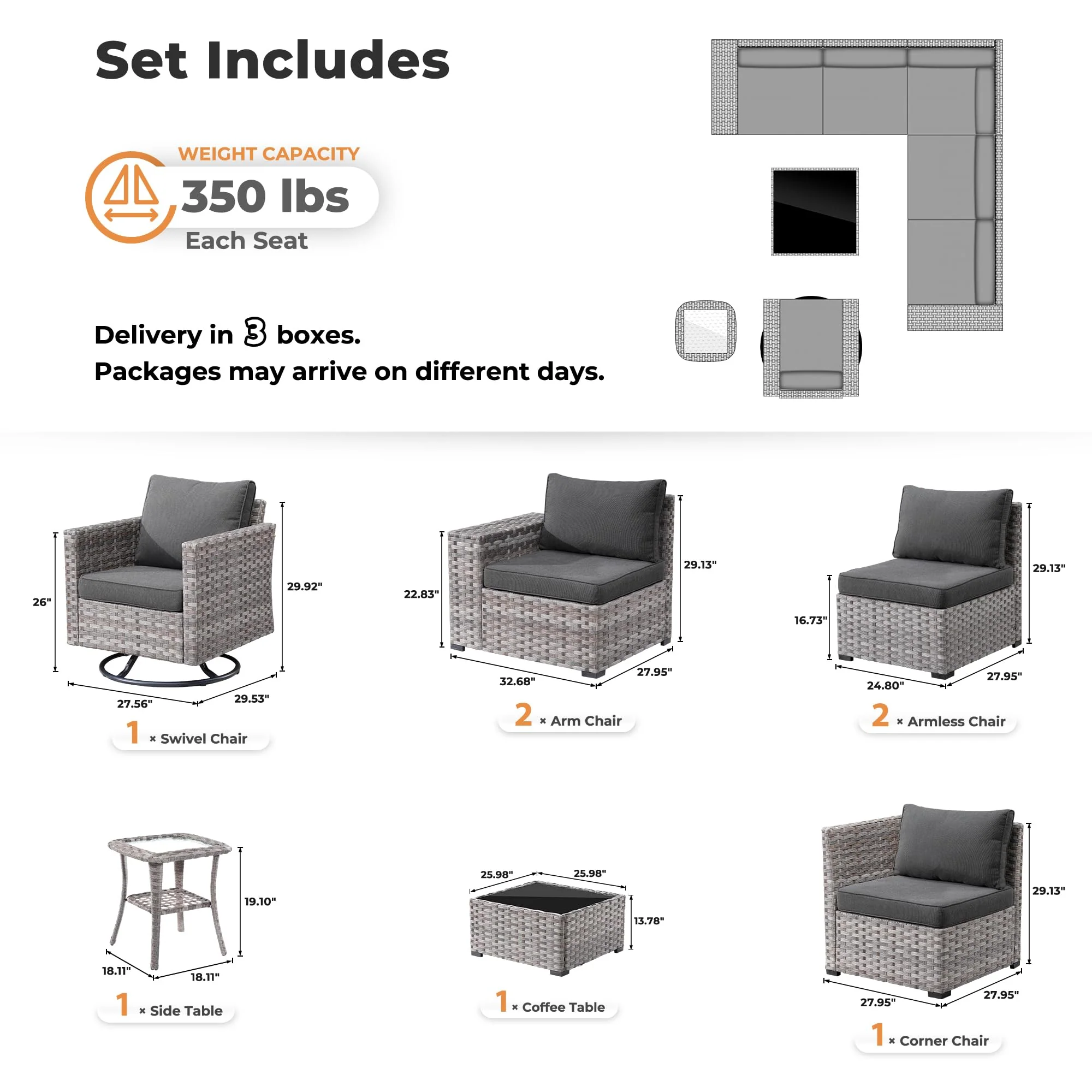 Ovios 8 Pieces Patio Furniture Set, Outdoor Sectional Sofa with Swivel Rocking Chair