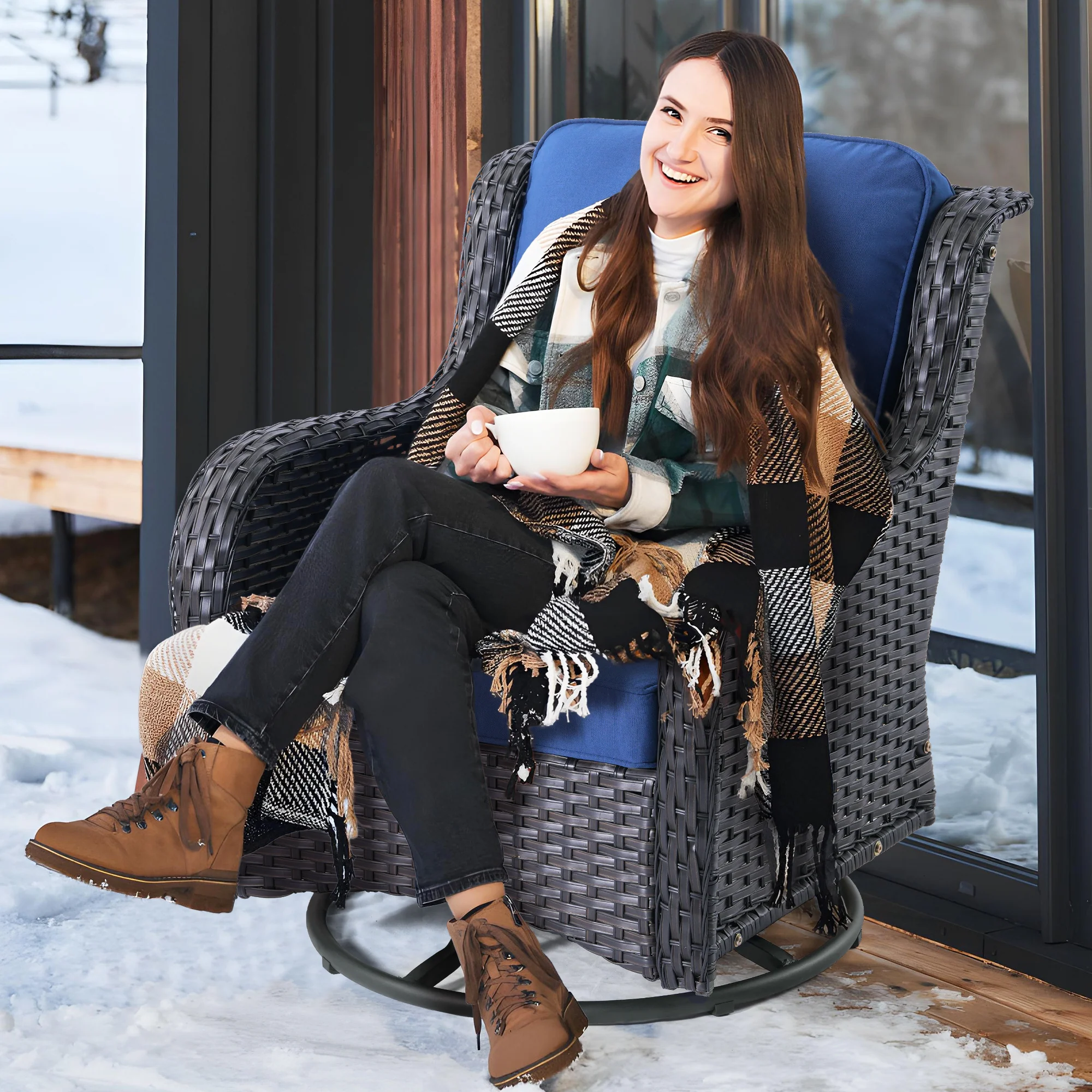 Ovios Patio 7-Piece Conversation Set with 42'' Rectangle Propane Fire Pit Table and Rocking Chairs Kenard