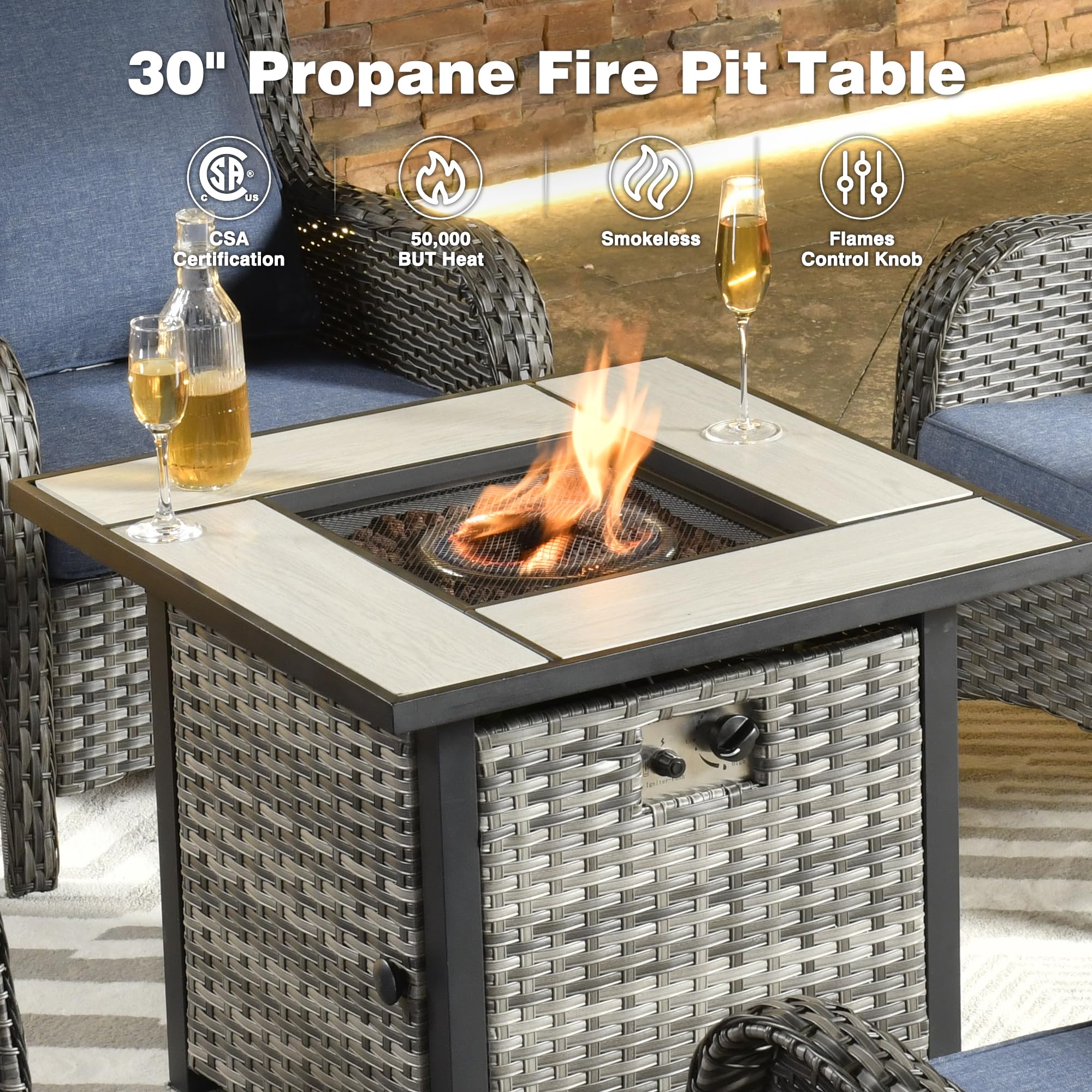 Ovios Patio Conversation Set 6-Piece with 30' Fire Pit Table and Kenard Set
