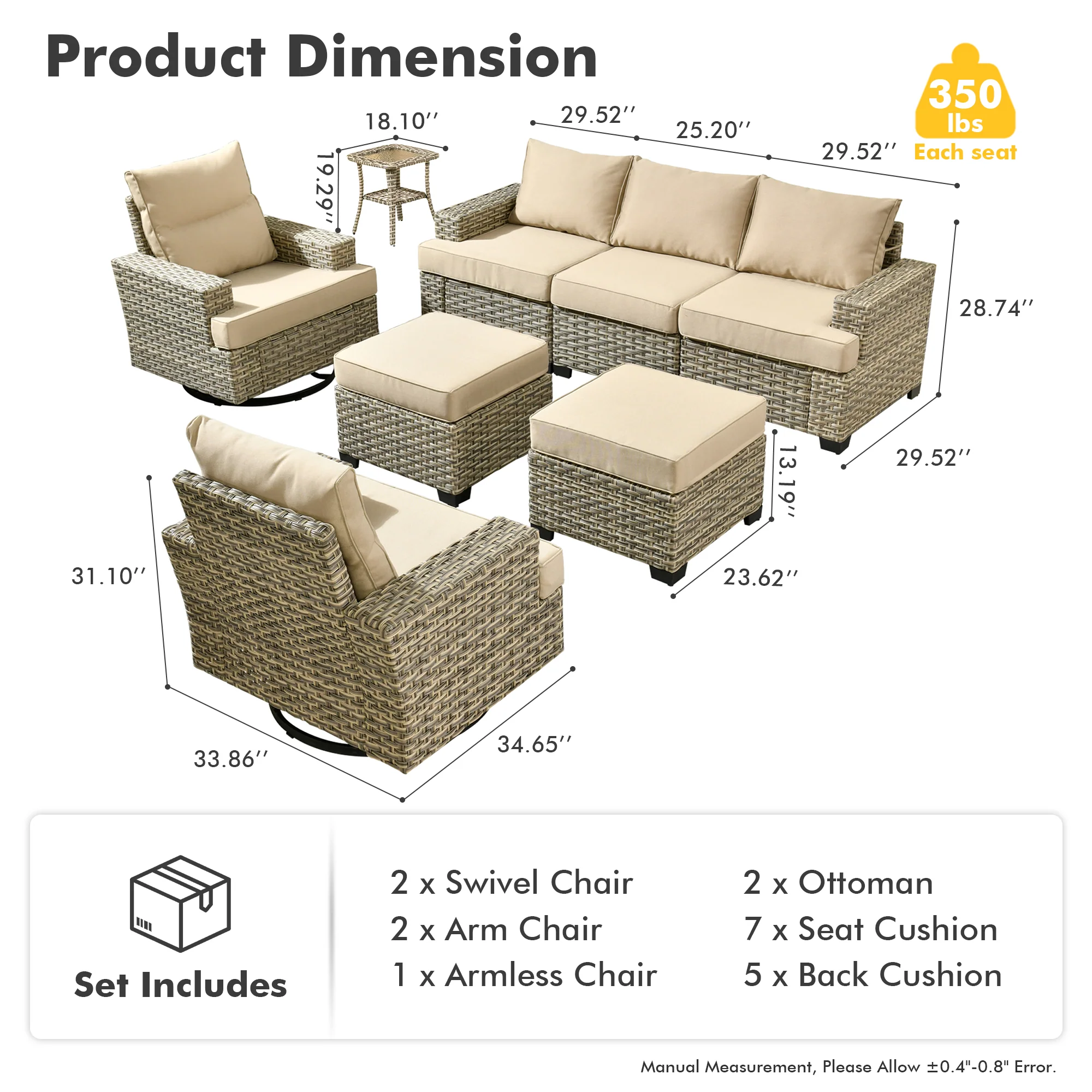 TBS Series - Sectional Patio Furniture Set 8-Piece, Included Swivel Chair