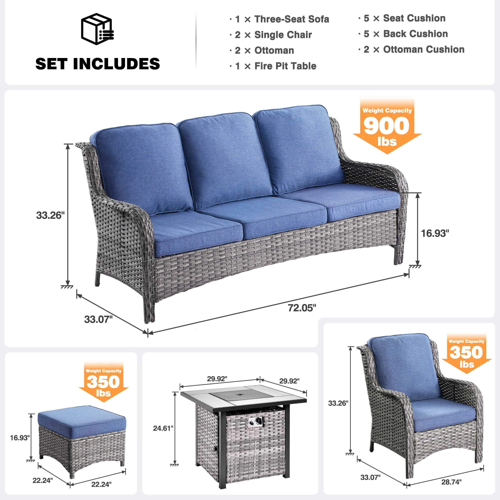 Ovios Patio Conversation Set 6-Piece with 30' Fire Pit Table and Kenard Set