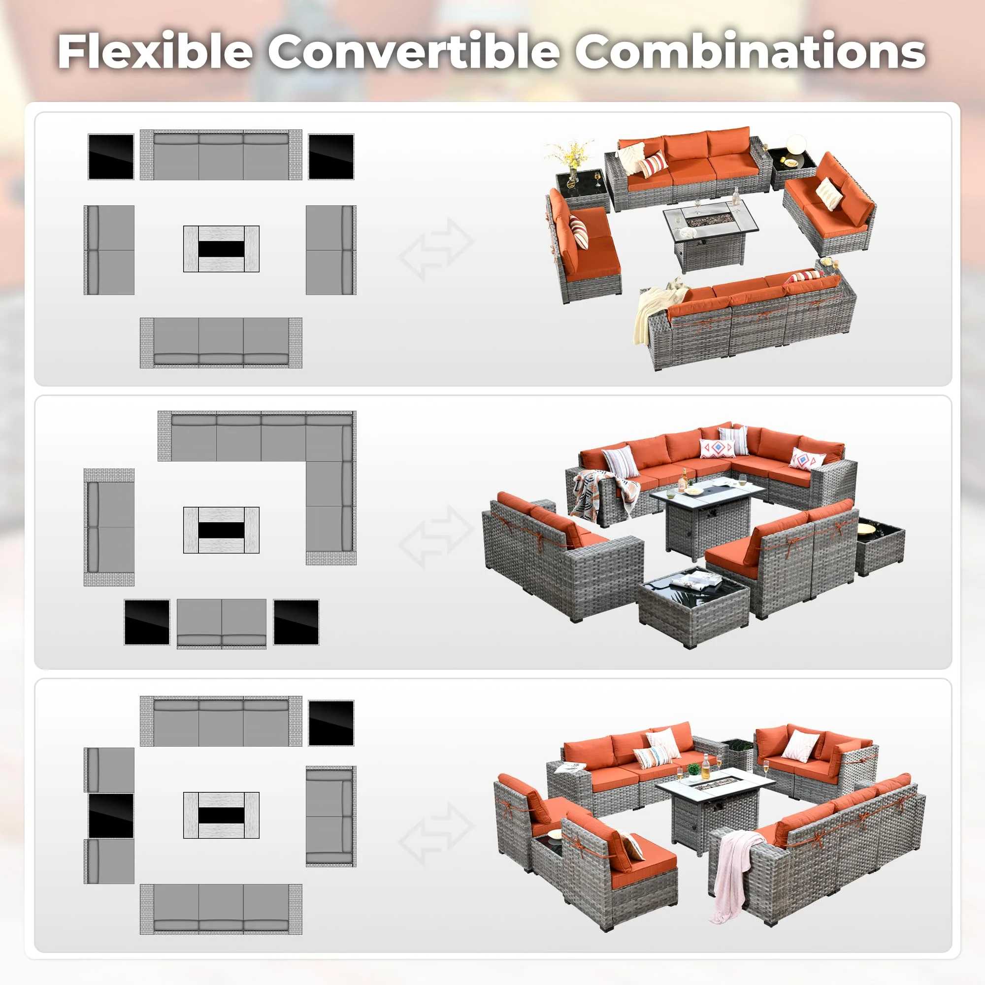 Ovios 13 Pieces Outdoor Furniture with 7.68'' Broad Handrails and Rectangle 42.12'' Fire Pit Table