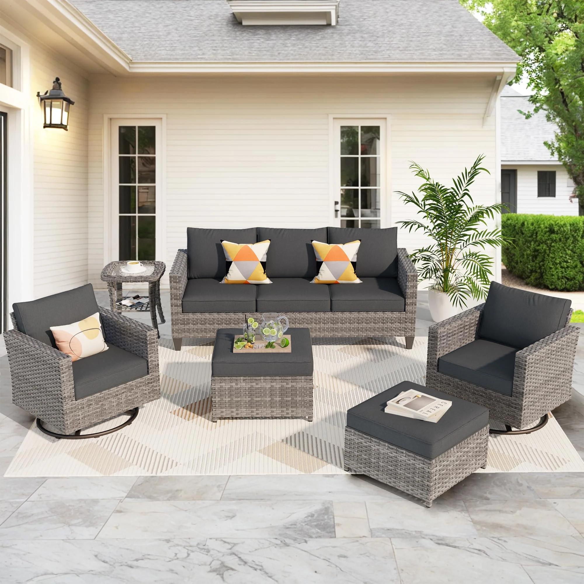 Ovios Patio Furniture Set 6-Piece with Swivel Rocking Chairs and Table