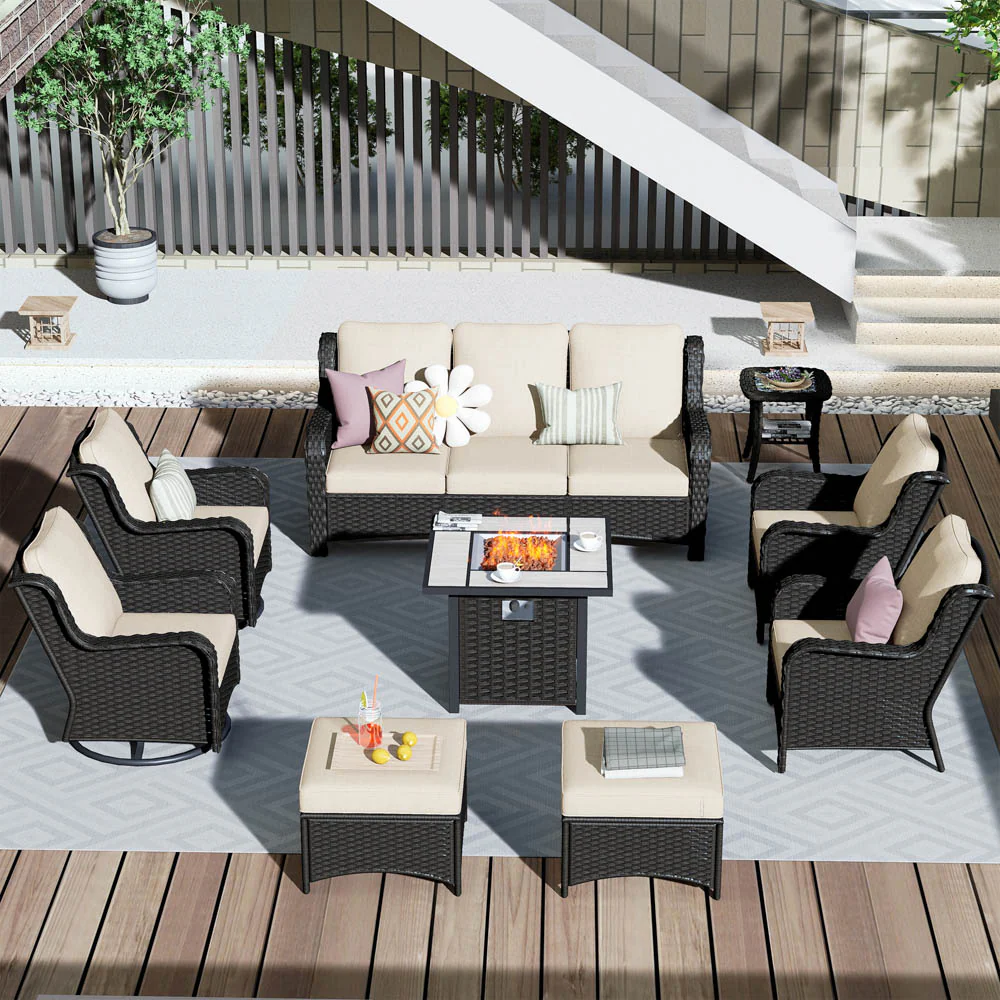 Ovios Outdoor Furniture 9-Piece with 30'' Fire Pit Table and Kenard 2 Rocking Chairs