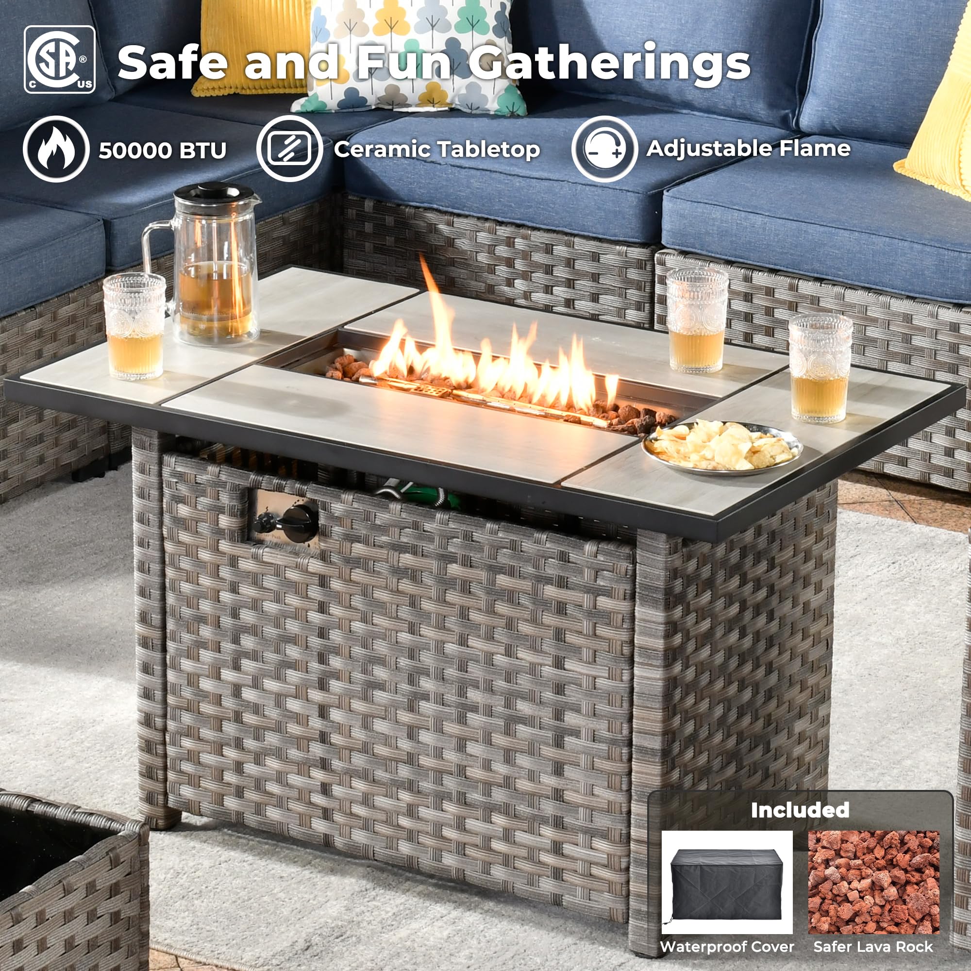 Ovios 13 Pieces Outdoor Furniture with 7.68'' Broad Handrails and Rectangle 42.12'' Fire Pit Table