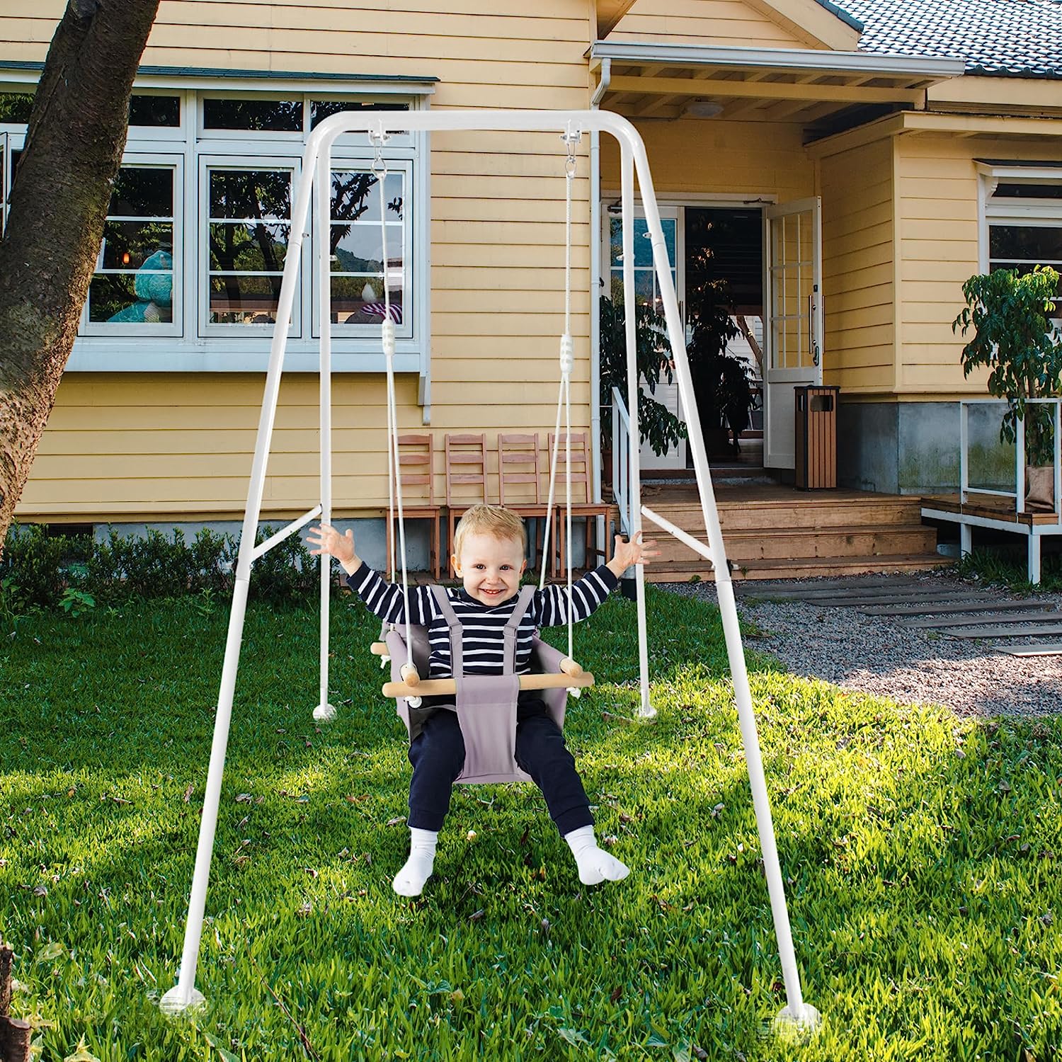 Canvas Baby Swing, Wooden Hanging Swing Seat Chair with Safety Belt, Durable Baby Hammock Chair, Outdoor and Indoor Swing for Kids, Mounting Hardware Included, Ivory