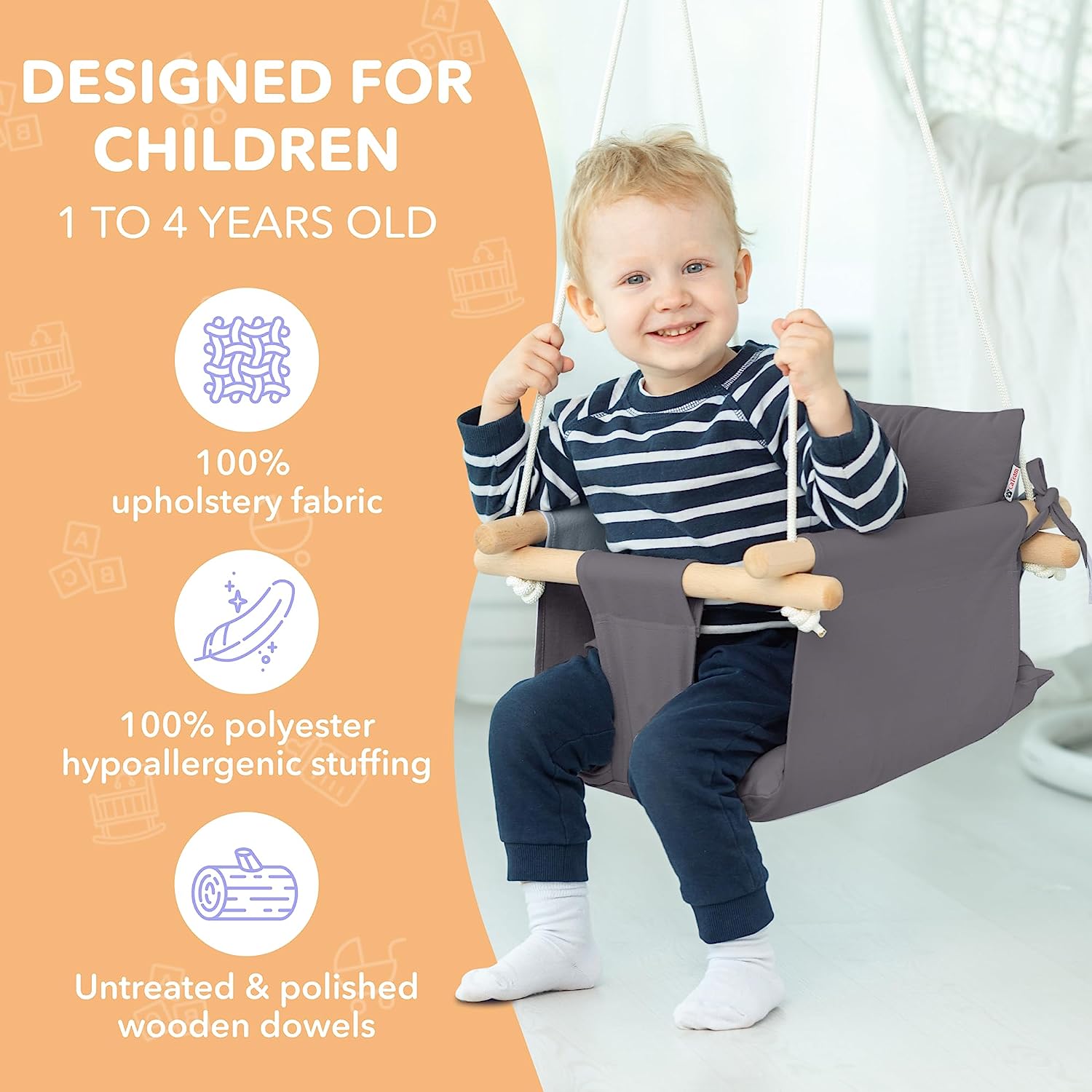 Canvas Baby Swing, Wooden Hanging Swing Seat Chair with Safety Belt, Durable Baby Hammock Chair, Outdoor and Indoor Swing for Kids, Mounting Hardware Included, Ivory