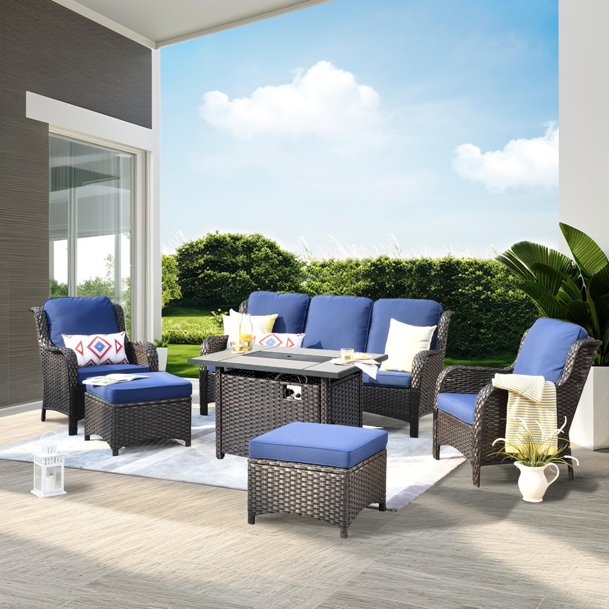 Ovios Patio 6-Piece Conversation Set with 42'' Rectangle Propane Fire Pit Table Kenard