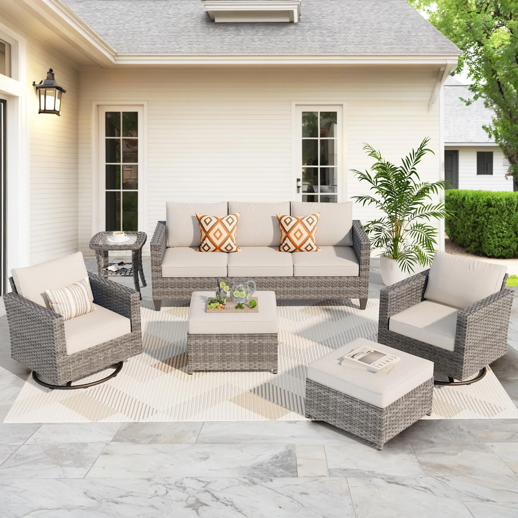 Ovios Patio Furniture Set 6-Piece with Swivel Rocking Chairs and Table