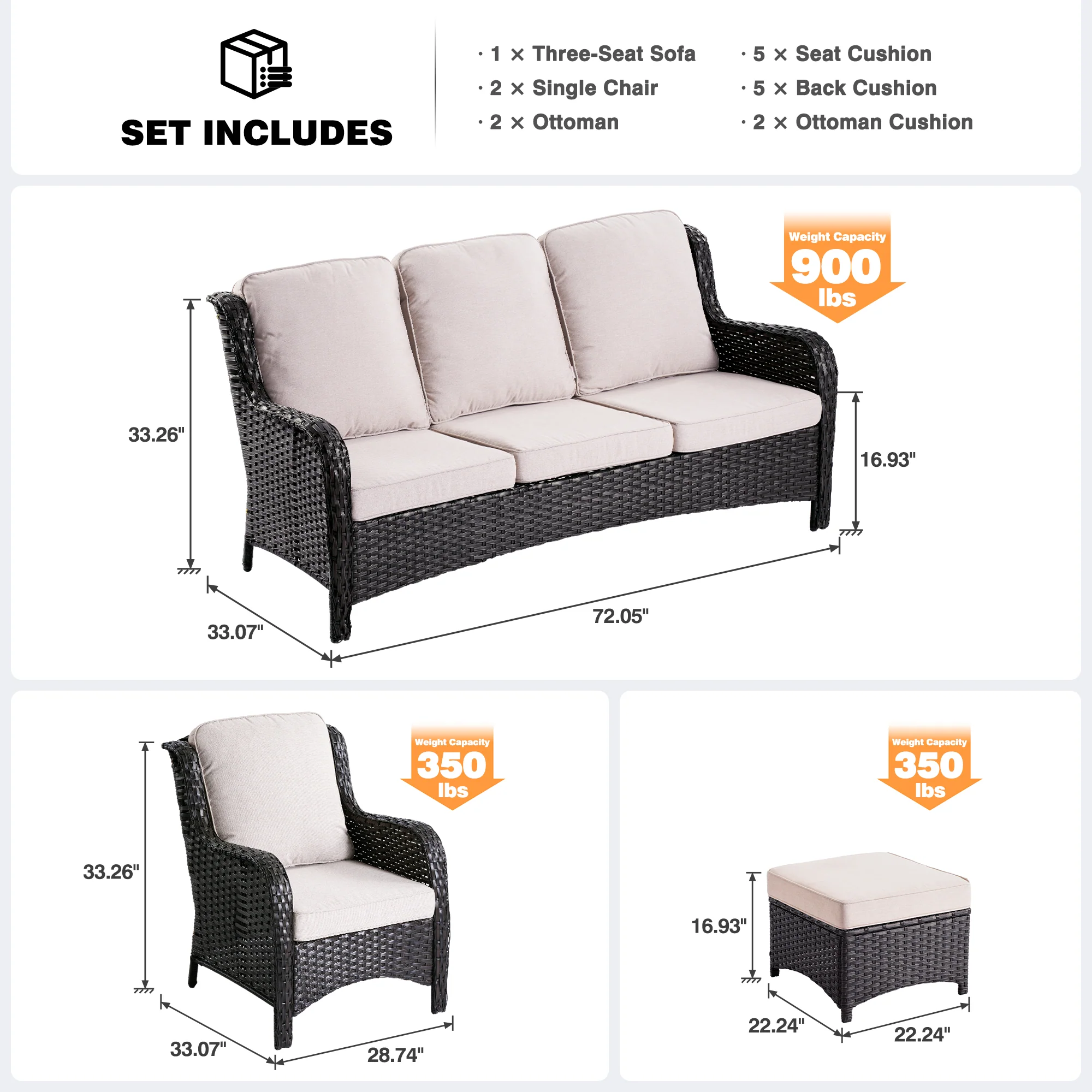 Ovios Patio Conversation Set 5-Piece with Cushions Kenard Curved Handrest