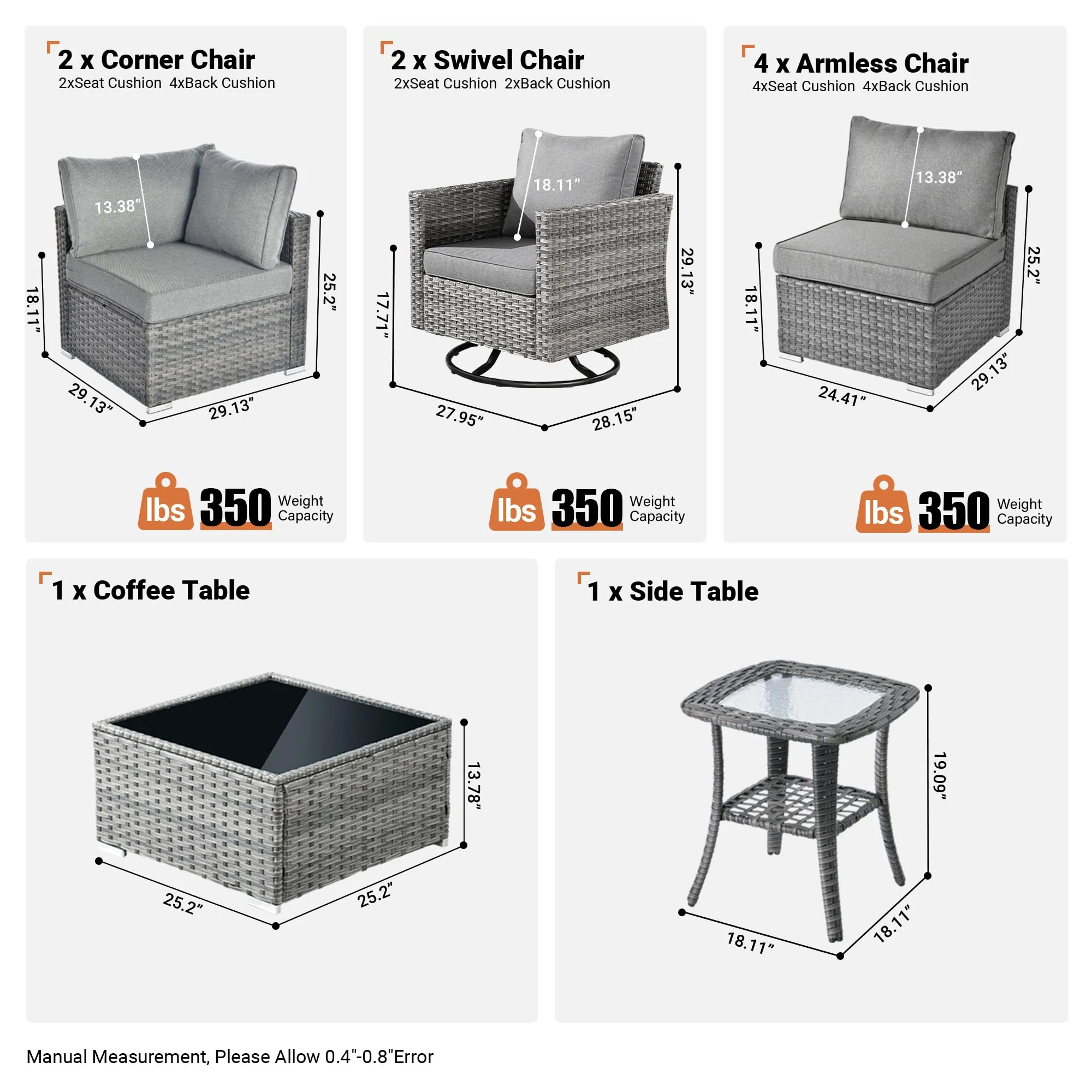 Ovios Outdoor 9 Piece Coversation Set with Swivel Rocking Chair,Sectional Patio Furniture Set with All-Weather Wicker Sofa