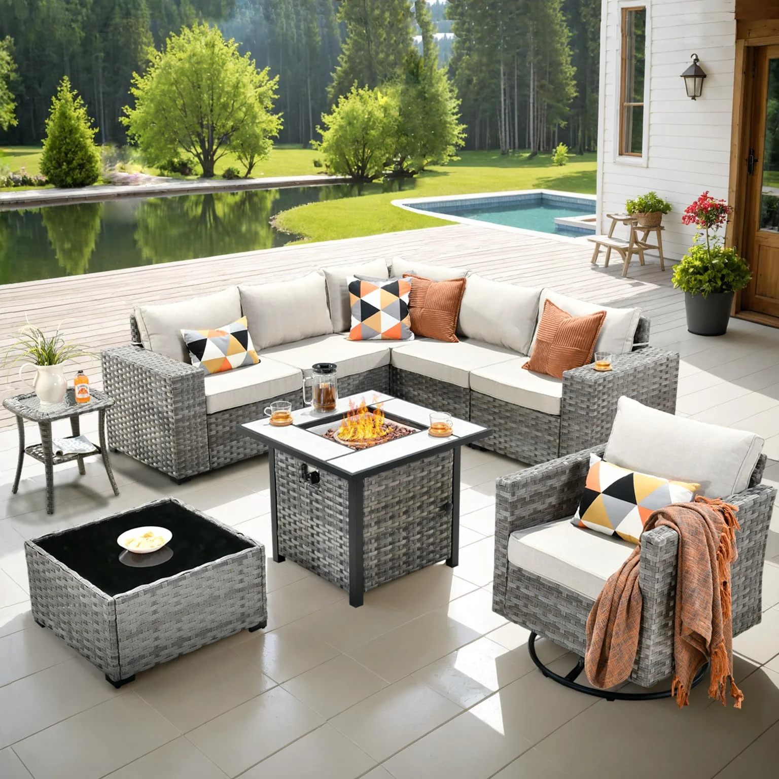 Ovios 9 Pieces Patio Furniture Set, Outdoor Sectional Sofa with Swivel Rocking Chair, 30