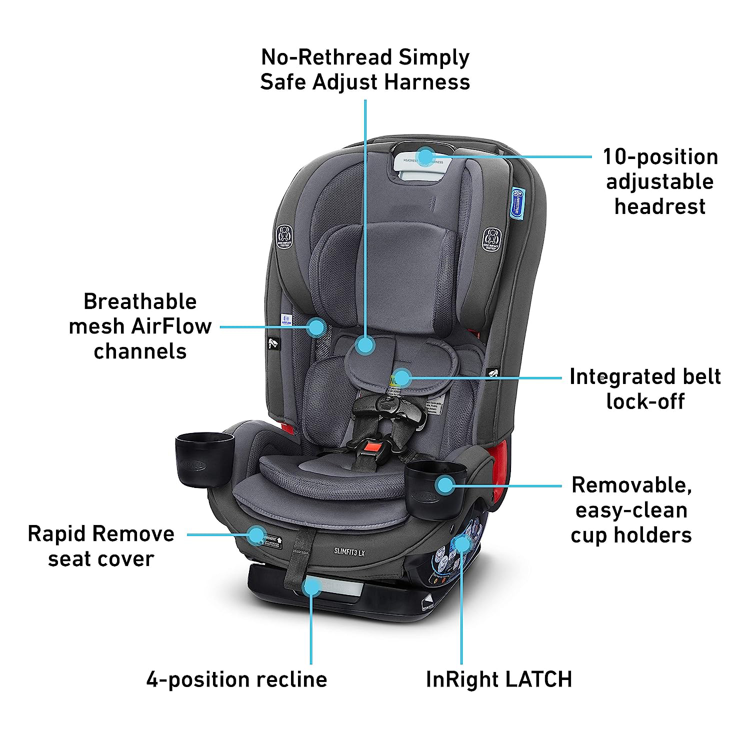 Slimfit 3 in 1 Car Seat -Slim & Comfy Design Saves Space in Your Back Seat, Darcie, One Size