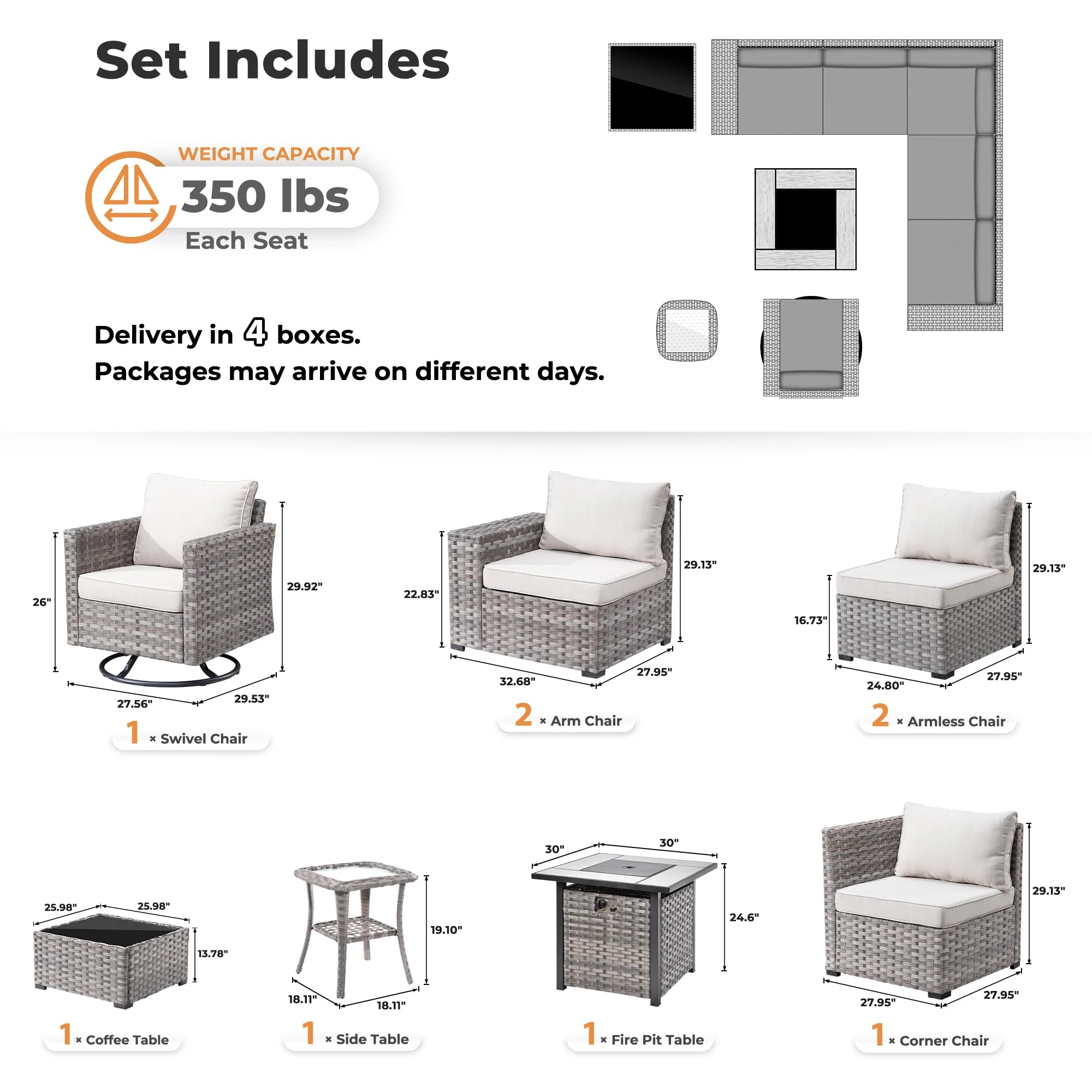 Ovios 9 Pieces Patio Furniture Set, Outdoor Sectional Sofa with Swivel Rocking Chair, 30