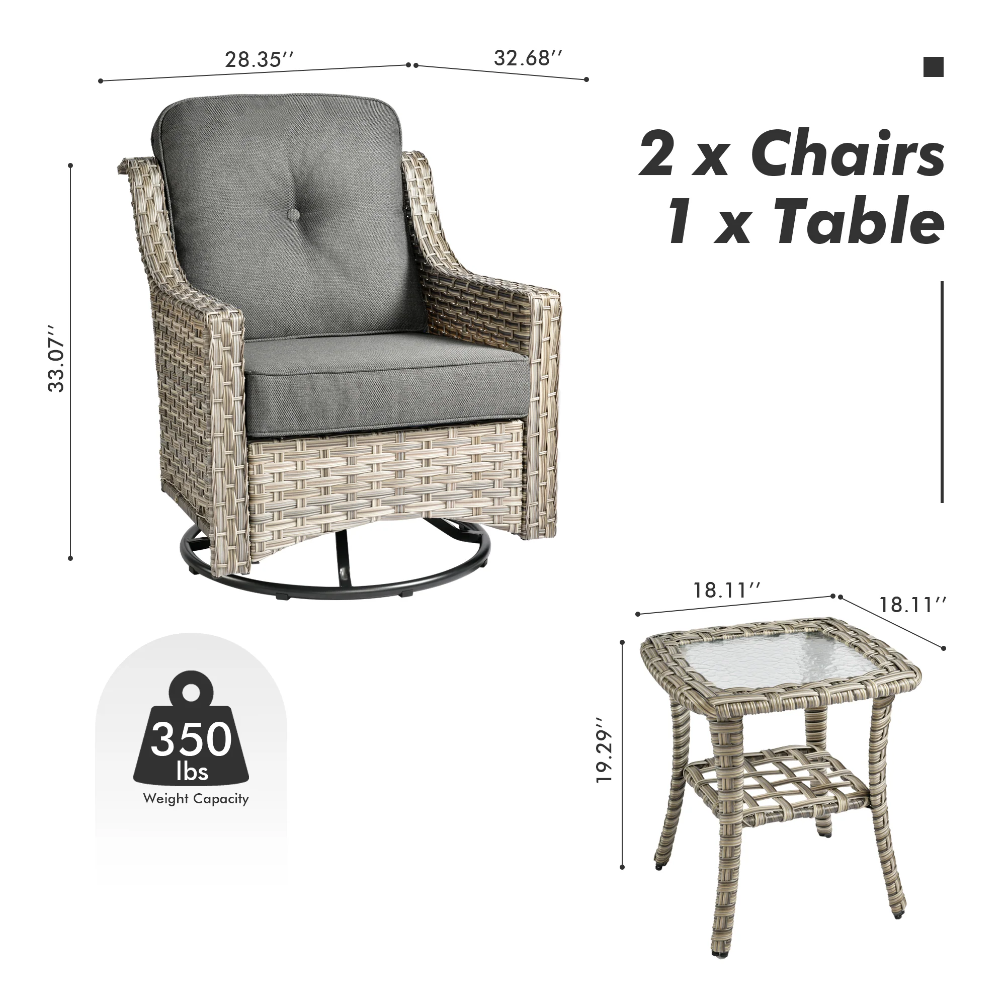 Ovios Conversation Set 3-Piece PAD Series,Swivel Chair