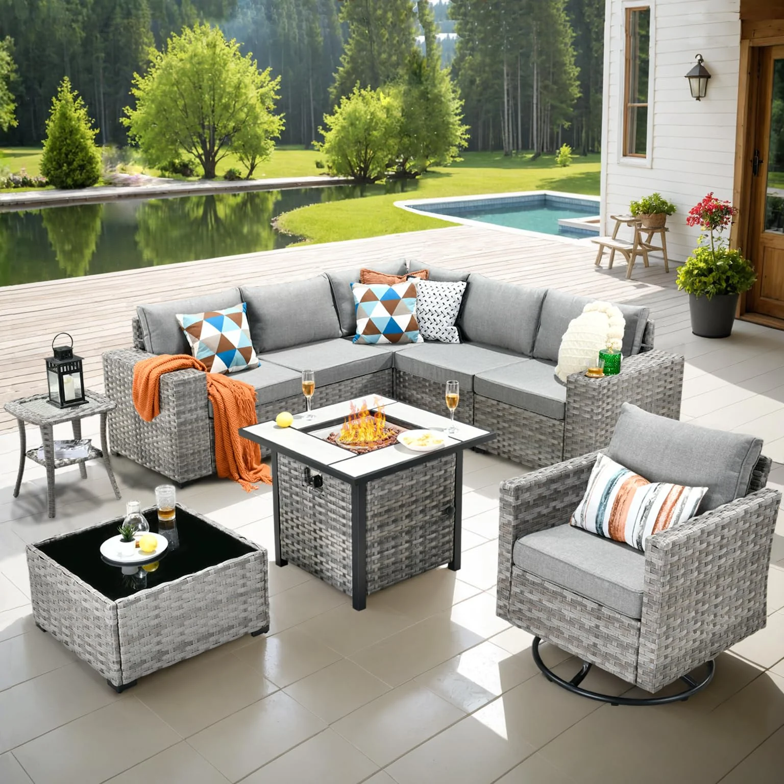 Ovios 9 Pieces Patio Furniture Set, Outdoor Sectional Sofa with Swivel Rocking Chair, 30