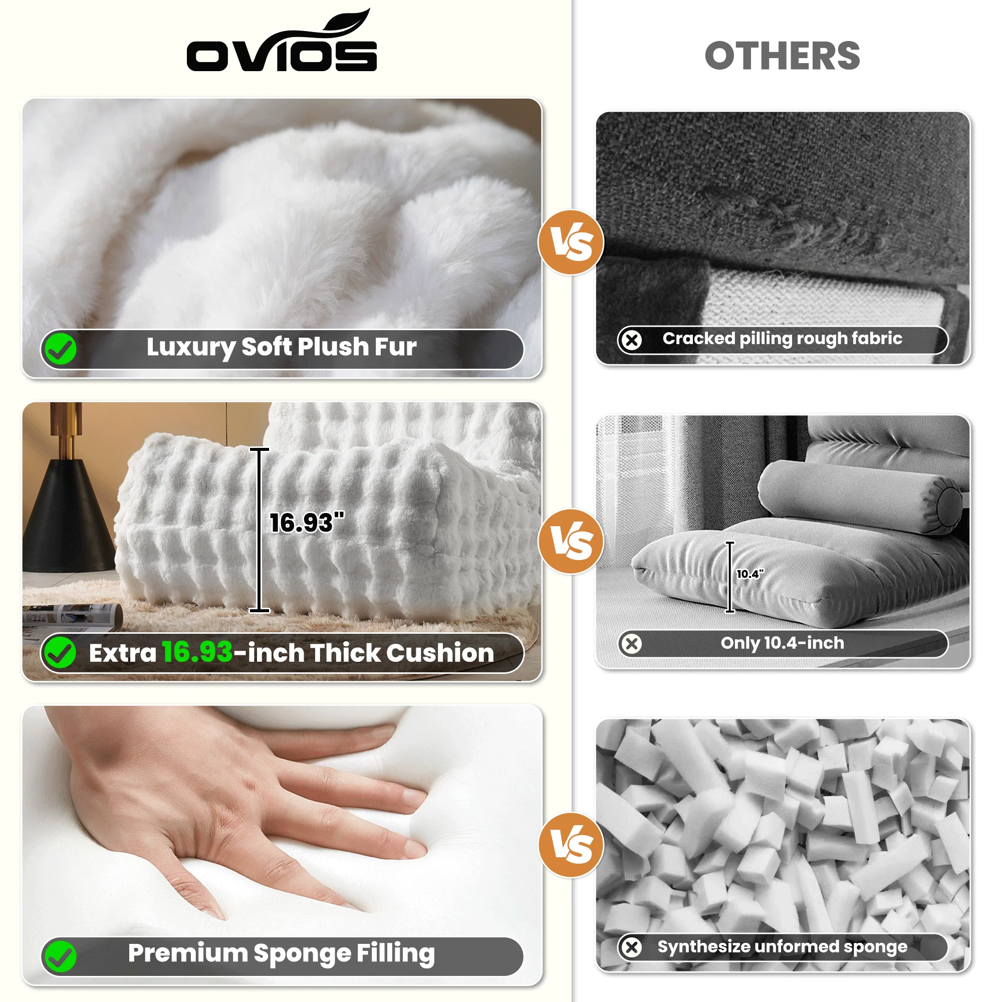 OVIOS Luxurious Fluffy Faux Fur Bean Bag Couch