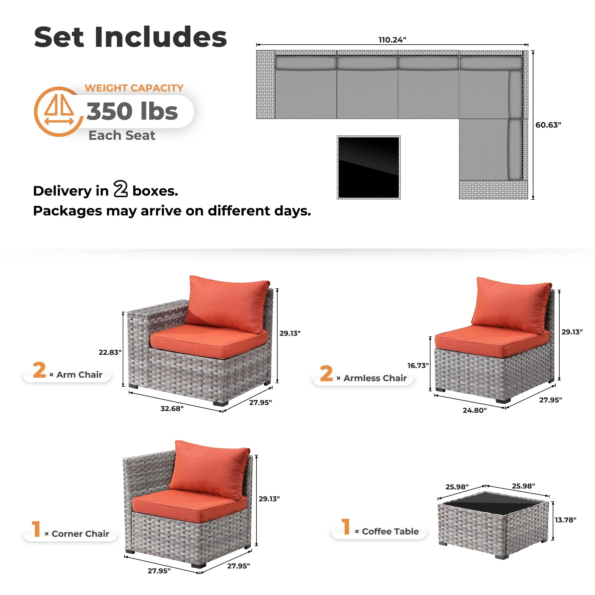 Ovios 6 Pieces Outdoor Sectional Sofa with 7.68'' Broad Handrails