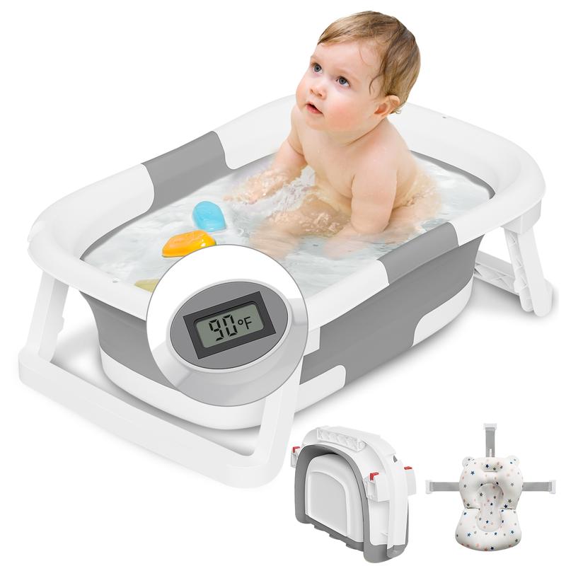 Napei Collapsible Baby Bathtub with Real-Time Temp Monitor, Floating Cushion, Foldable Baby Bath Tub Set for Newborns & Toddlers