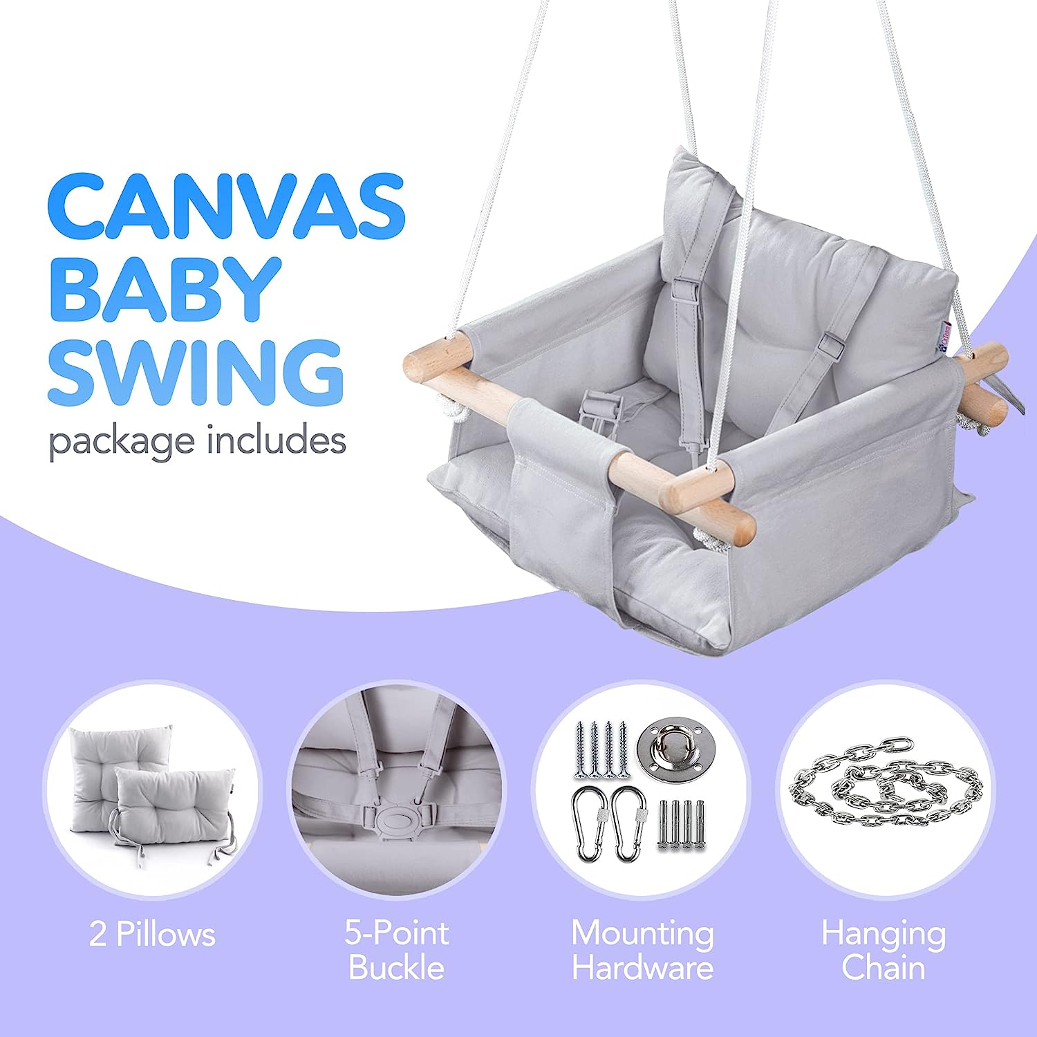 Canvas Baby Swing, Wooden Hanging Swing Seat Chair with Safety Belt, Durable Baby Hammock Chair, Outdoor and Indoor Swing for Kids, Mounting Hardware Included, Ivory