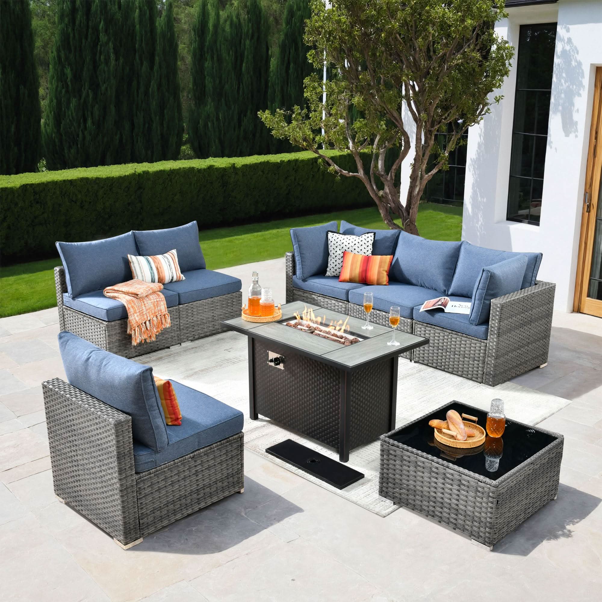 Ovios Outdoor 8 Piece Patio Furniture Set with Fire Pit Table,Conversation Sectional Wicker Couch with Coffee Table