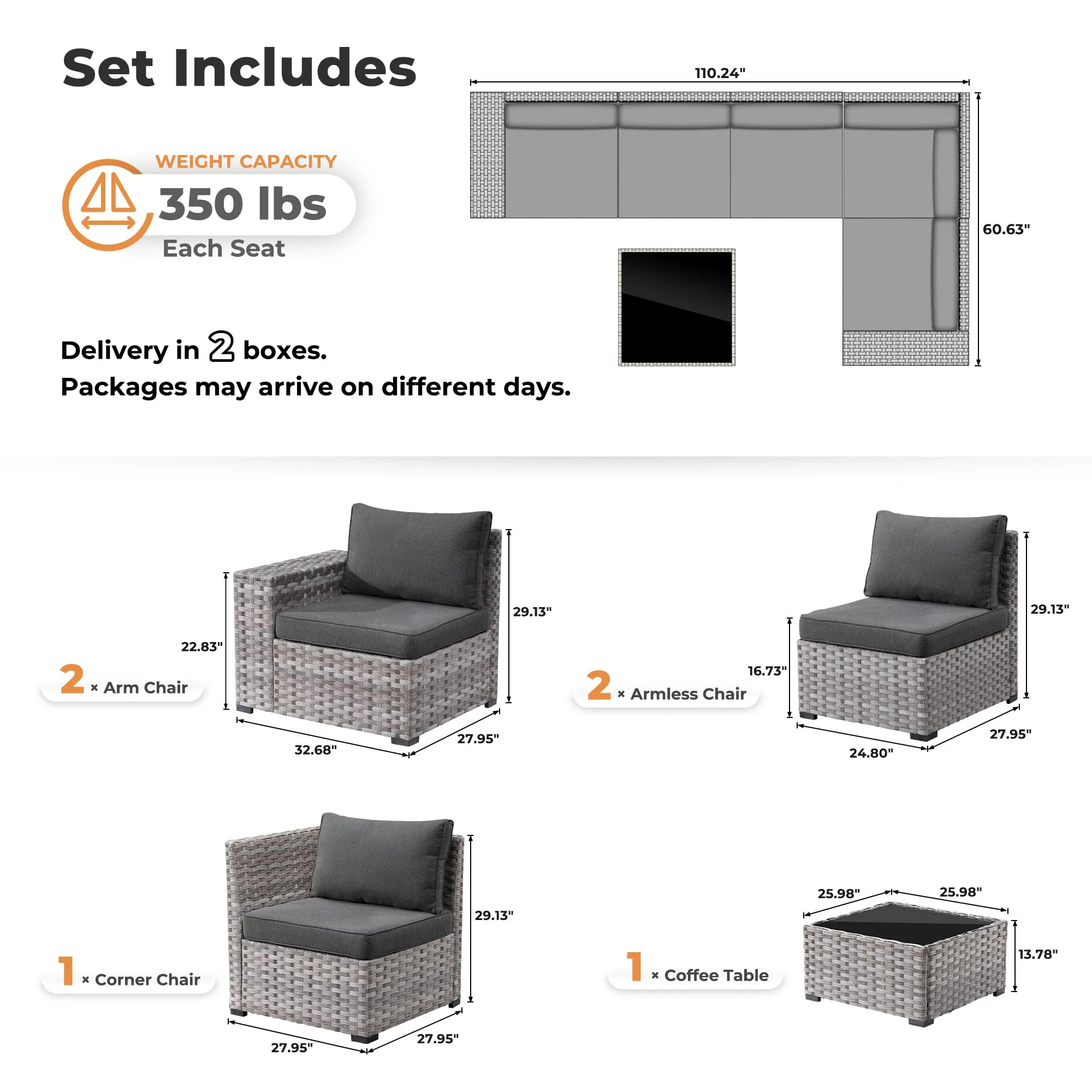 Ovios 6 Pieces Outdoor Sectional Sofa with 7.68'' Broad Handrails