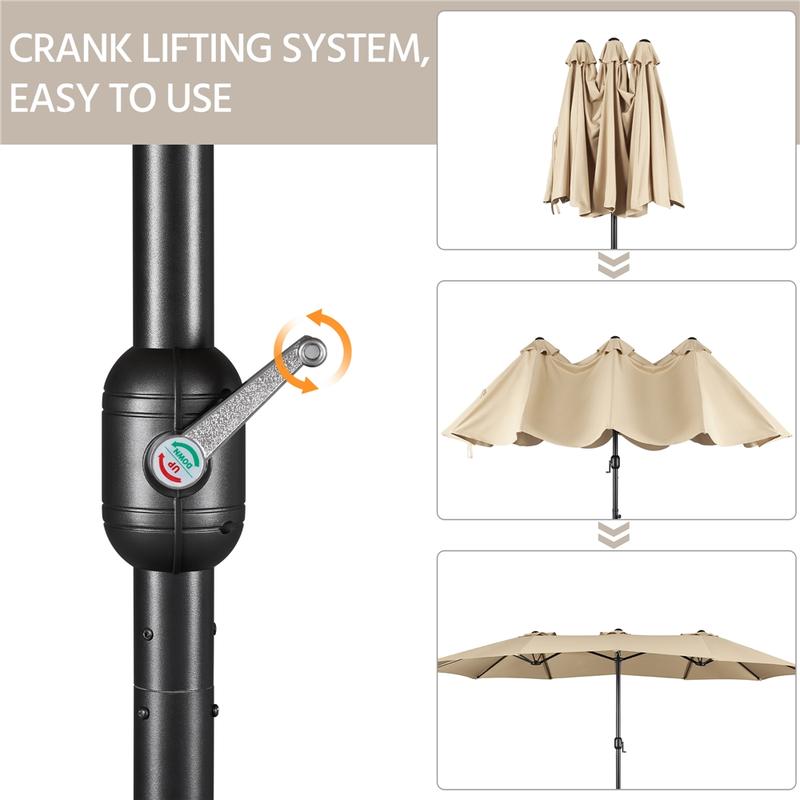 【No Lights】 Yaheetech 15/13ft Large Patio Umbrella Double-Layer Cloth with 12 Ribs, Hand Crank for Easy Opening, 2 Sandbags, Outdoor Design for Garden, Pool, and Lawn