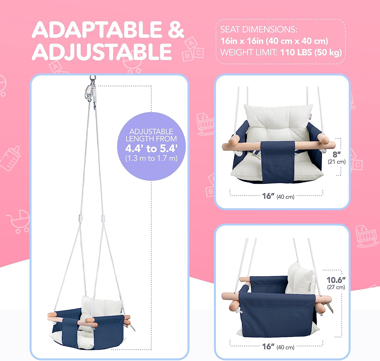 Canvas Baby Swing, Wooden Hanging Swing Seat Chair with Safety Belt, Durable Baby Hammock Chair, Outdoor and Indoor Swing for Kids, Mounting Hardware Included, Ivory