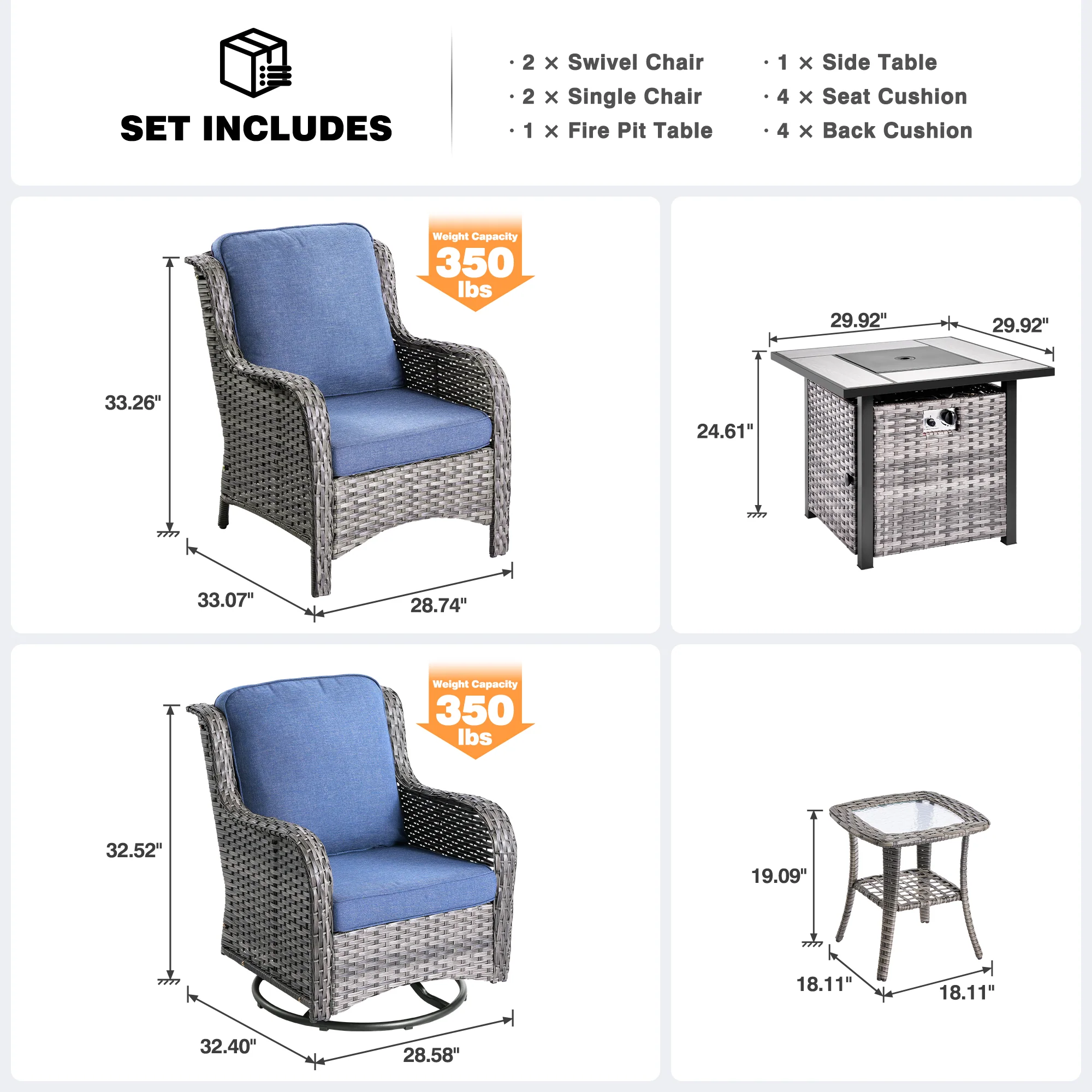 Ovios Outdoor Furniture 6-Piece with 30'' Fire Pit Table and Kenard 2 Rocking Chairs