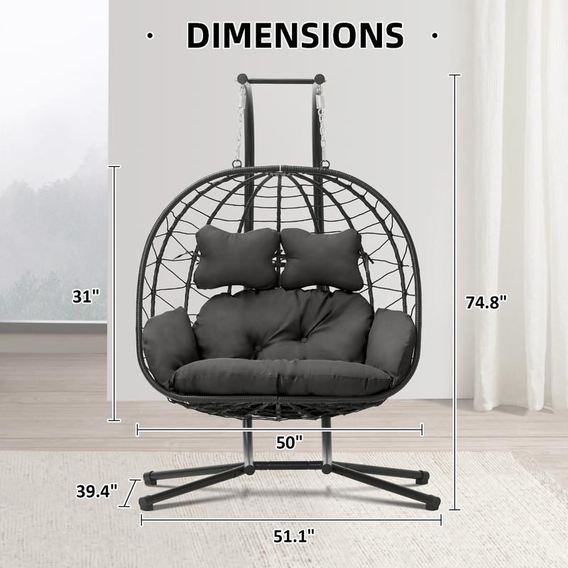 RIWENGO Double Hanging Egg Chair with Weather-Resistant Cushion, 700lbs Capacity - Foldable Patio Swing Chair with Handwoven PE Wicker & Rust-Proof Frame, for Garden, Porch, Backyard