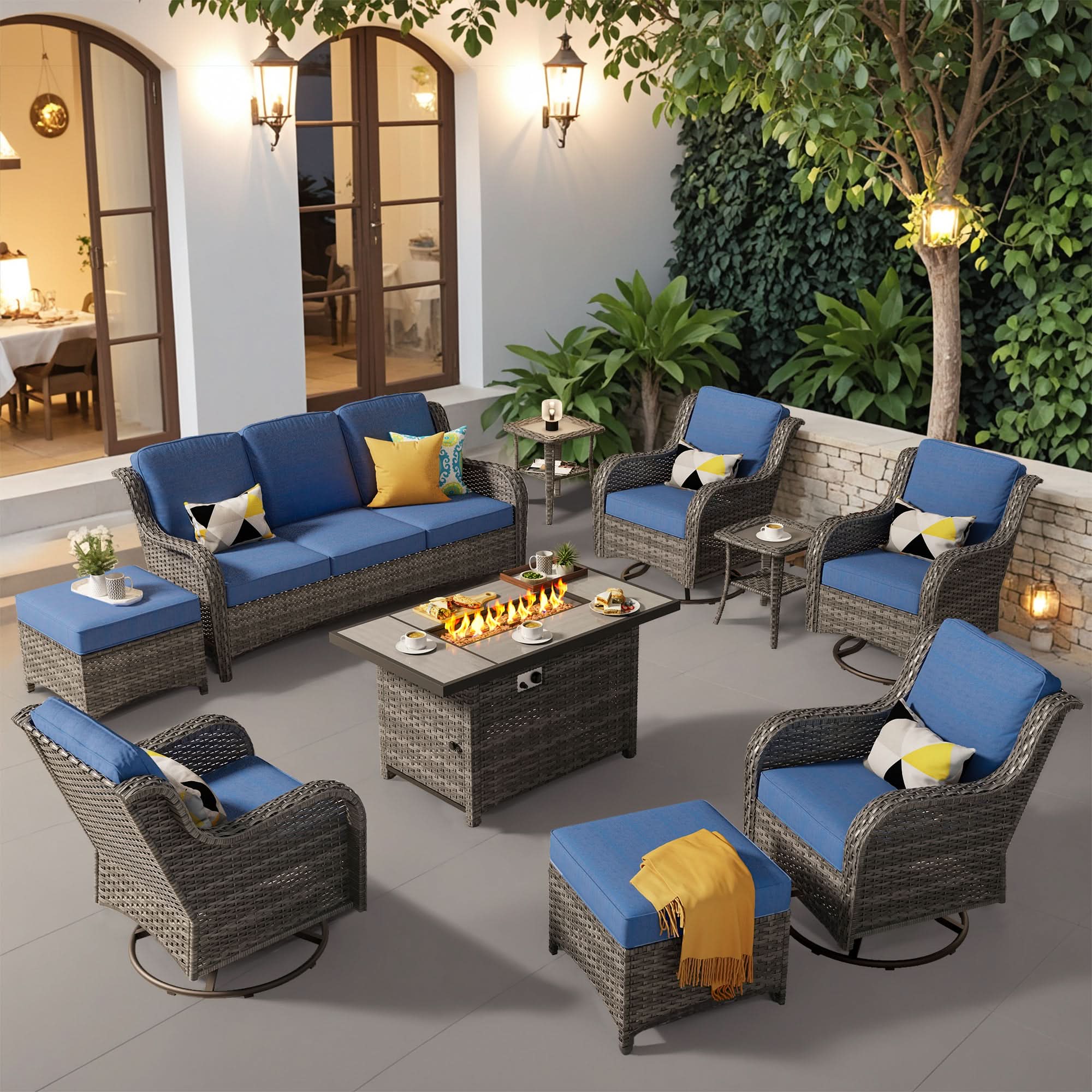 Ovios 10 Pieces Patio Furniture Set with Fire Pit Table Outdoor Wicker Sofa Loveseat and Swivel Rocking Glider Chairs