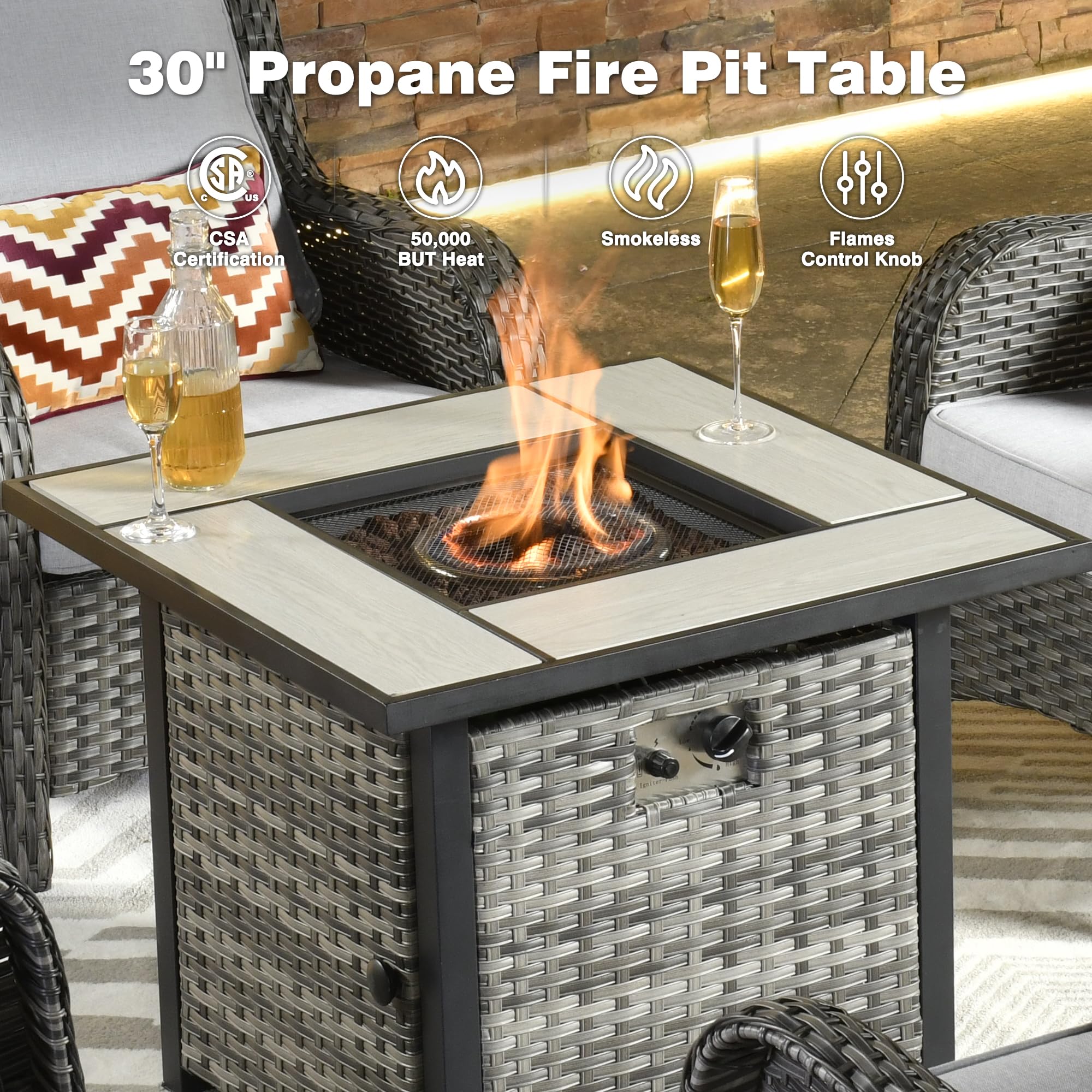 Ovios Patio Conversation Set 6-Piece with 30' Fire Pit Table and Kenard Set