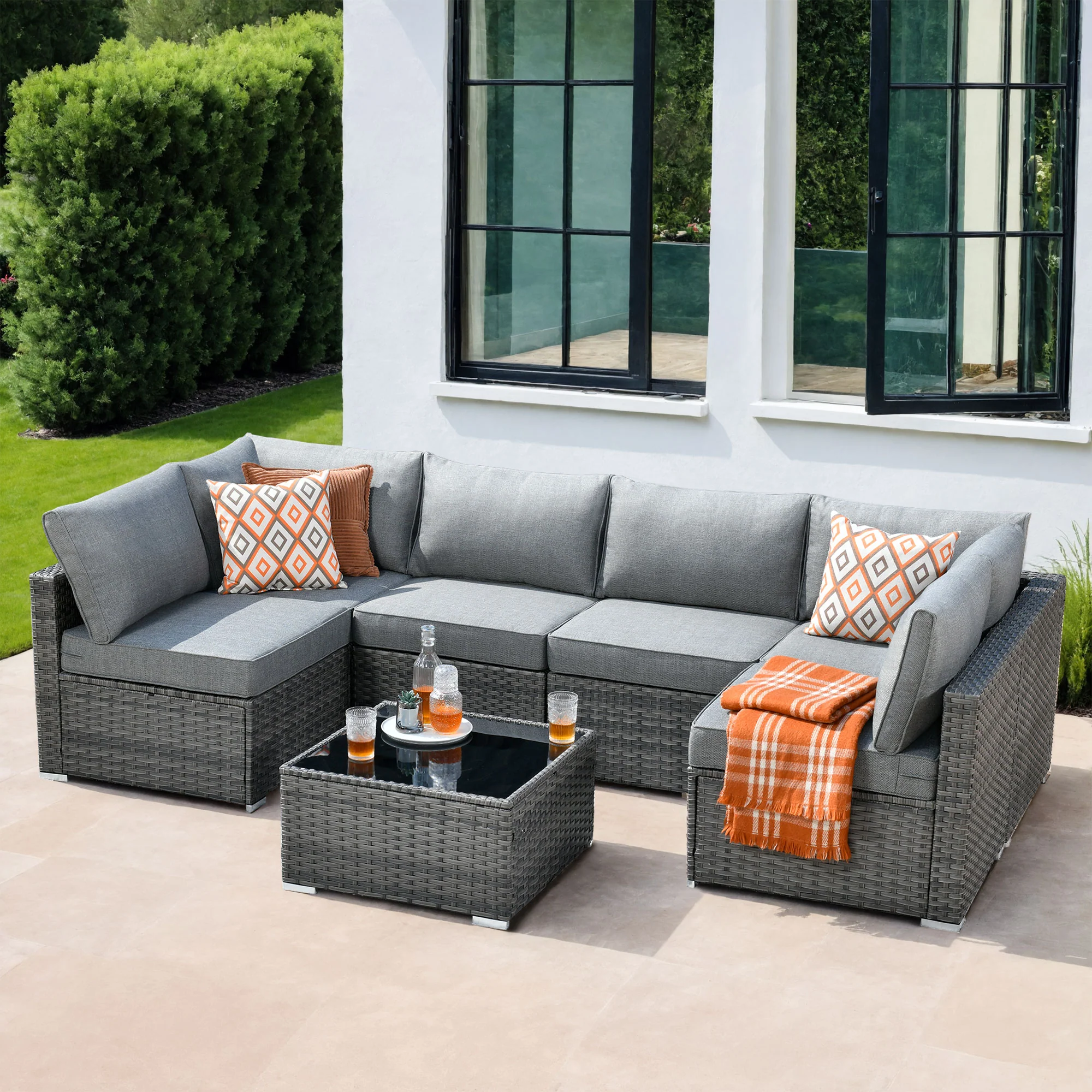 Ovios Outdoor Sectional Furniture 7-Piece with Cushions and Table