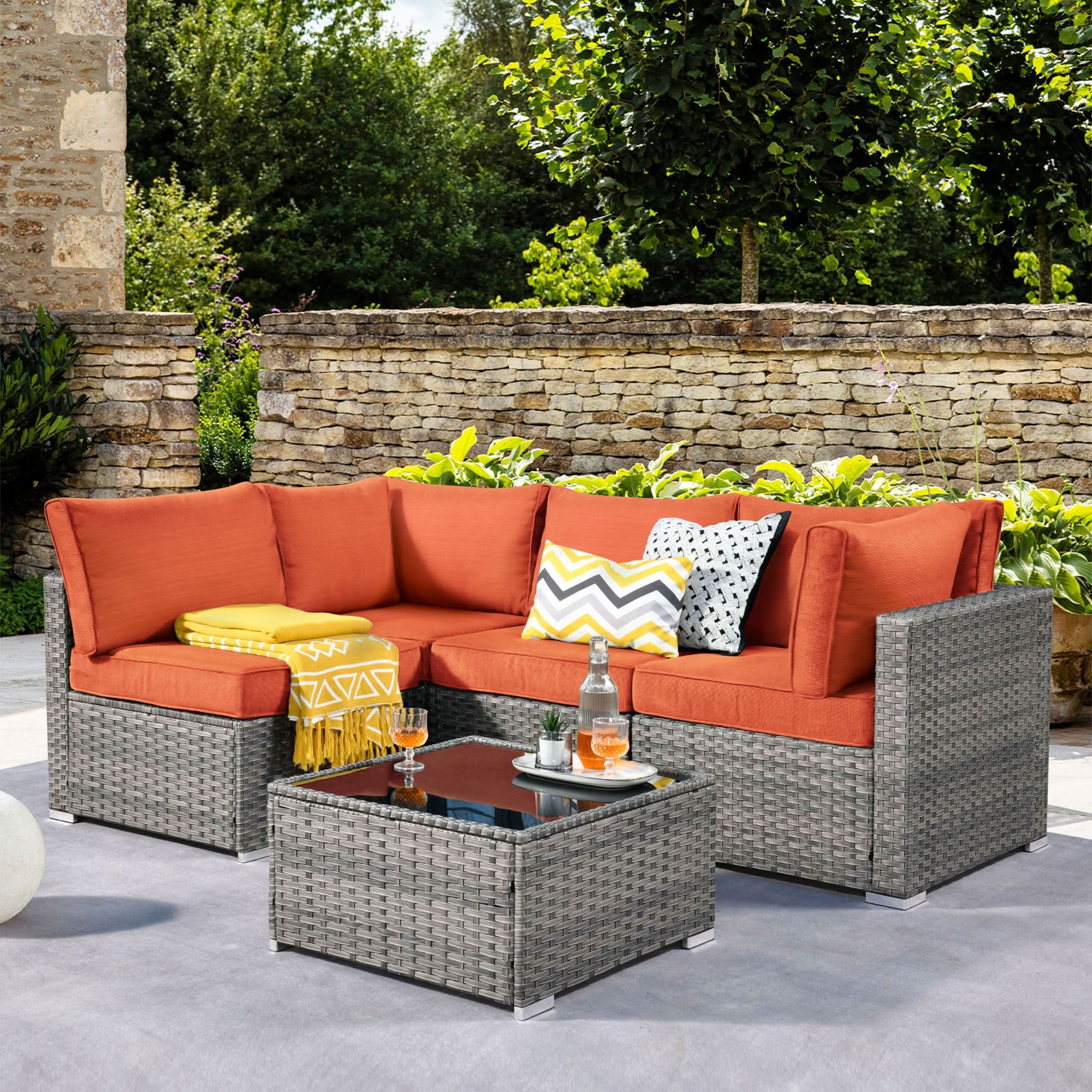 Ovios Outdoor 5 Piece Coversation Set with Coffee Table,Sectional Patio Furniture Set with All-Weather Wicker Sofa