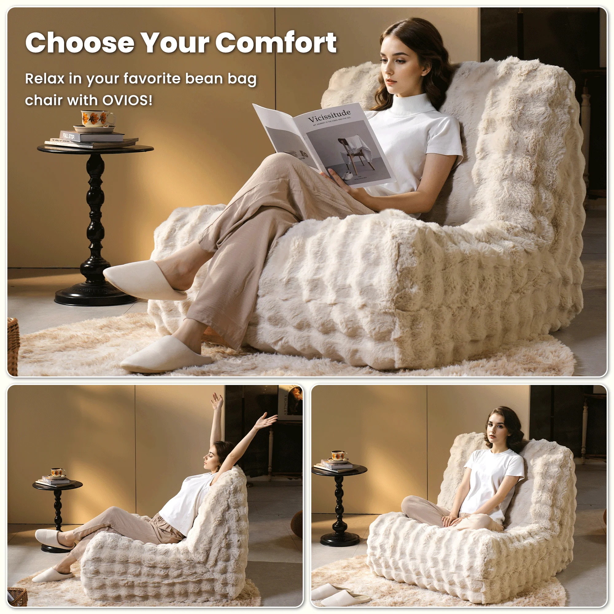 OVIOS Luxurious Fluffy Faux Fur Bean Bag Couch