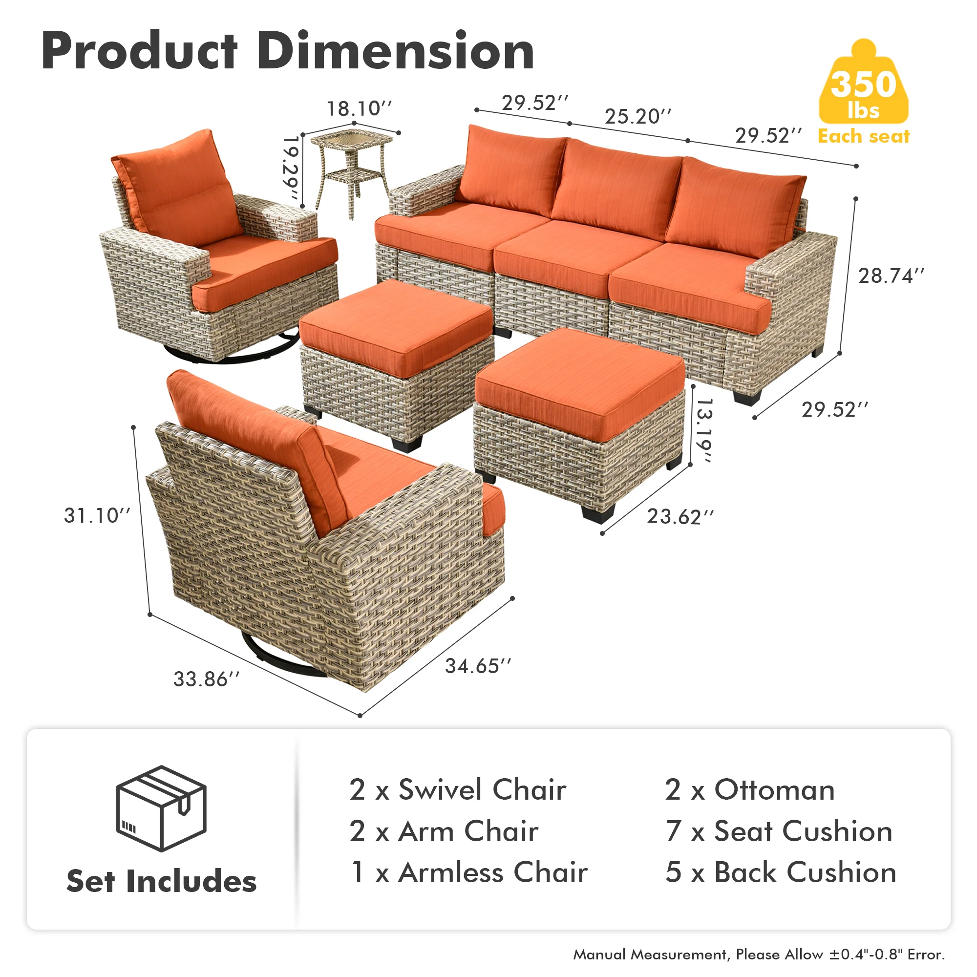 TBS Series - Sectional Patio Furniture Set 8-Piece, Included Swivel Chair