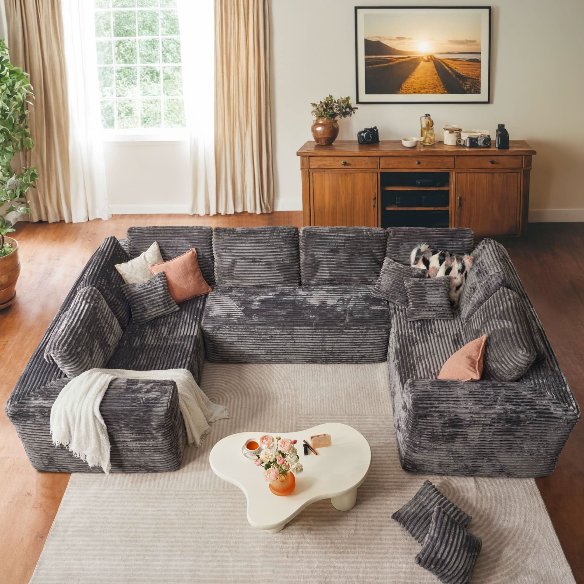 Ovios sectional cloud couch, living room U-shaped sofa, plush corduroy, memory foam, no assembly required.