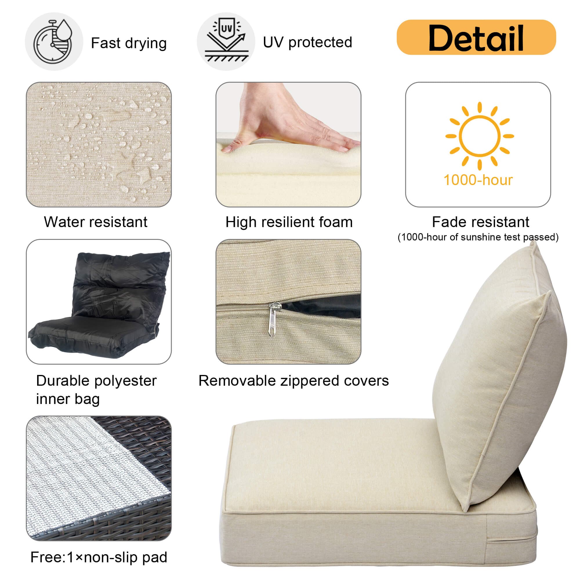 Ovios Replacement Seat Back Cushions Set with Olefin Fabric and Zipper, 24'' x 24'', Not Suitable for Ovios Patio Furniture