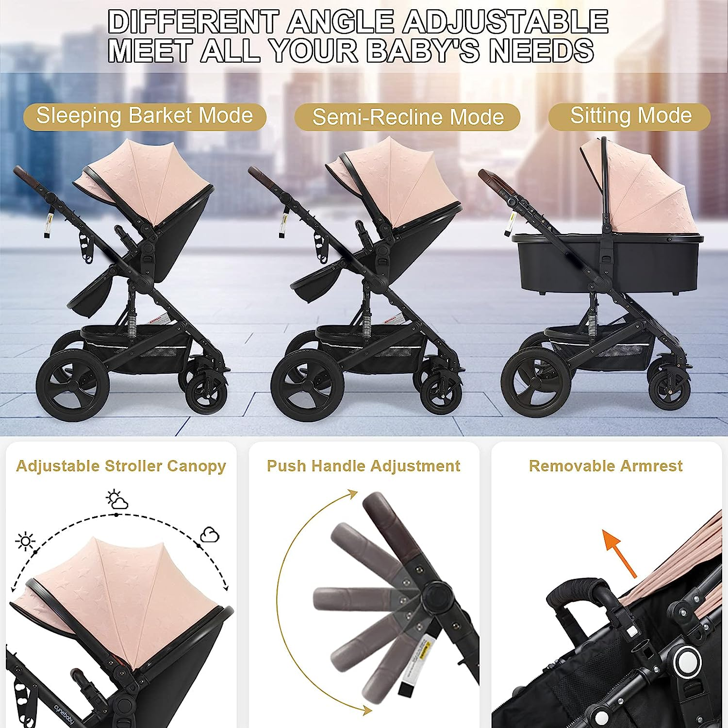 Newborn Infant Toddler Baby Stroller - Strollers with Backrest Adjustable Reversible, 2 in 1 High Landscape Convertible Bassinet Foldable Aluminum Alloy 3D Shock Absorption All Terrain Pram