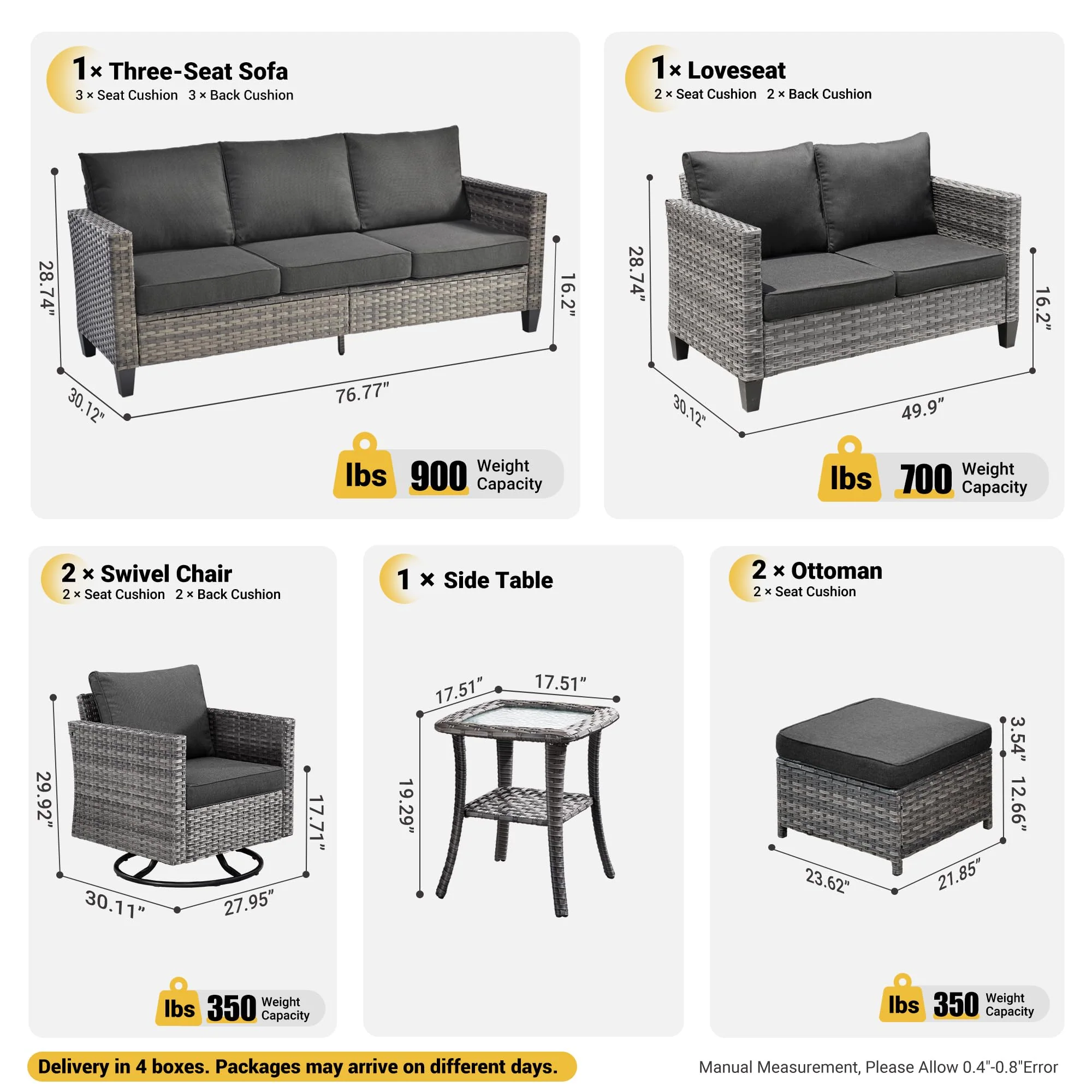 Ovios 7 Pieces Patio Furniture Set, Outdoor Wicker Sofa with Rocking Swivel Chairs