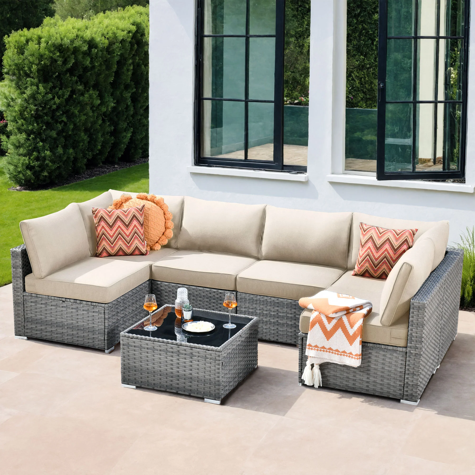 Ovios Outdoor Sectional Furniture 7-Piece with Cushions and Table