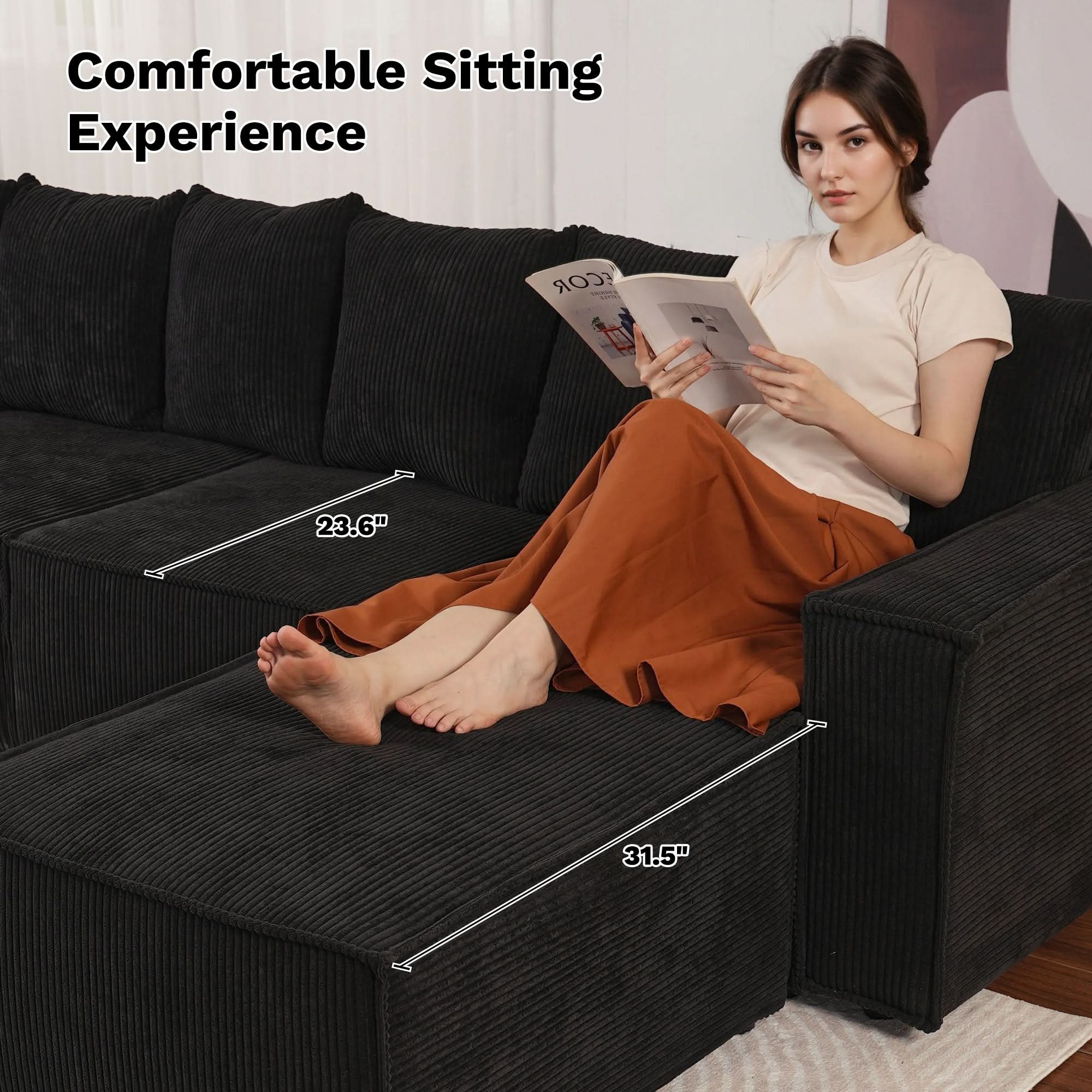 Ovios Living Room Modular Couch 6-Pieces Set, Wide Armrests