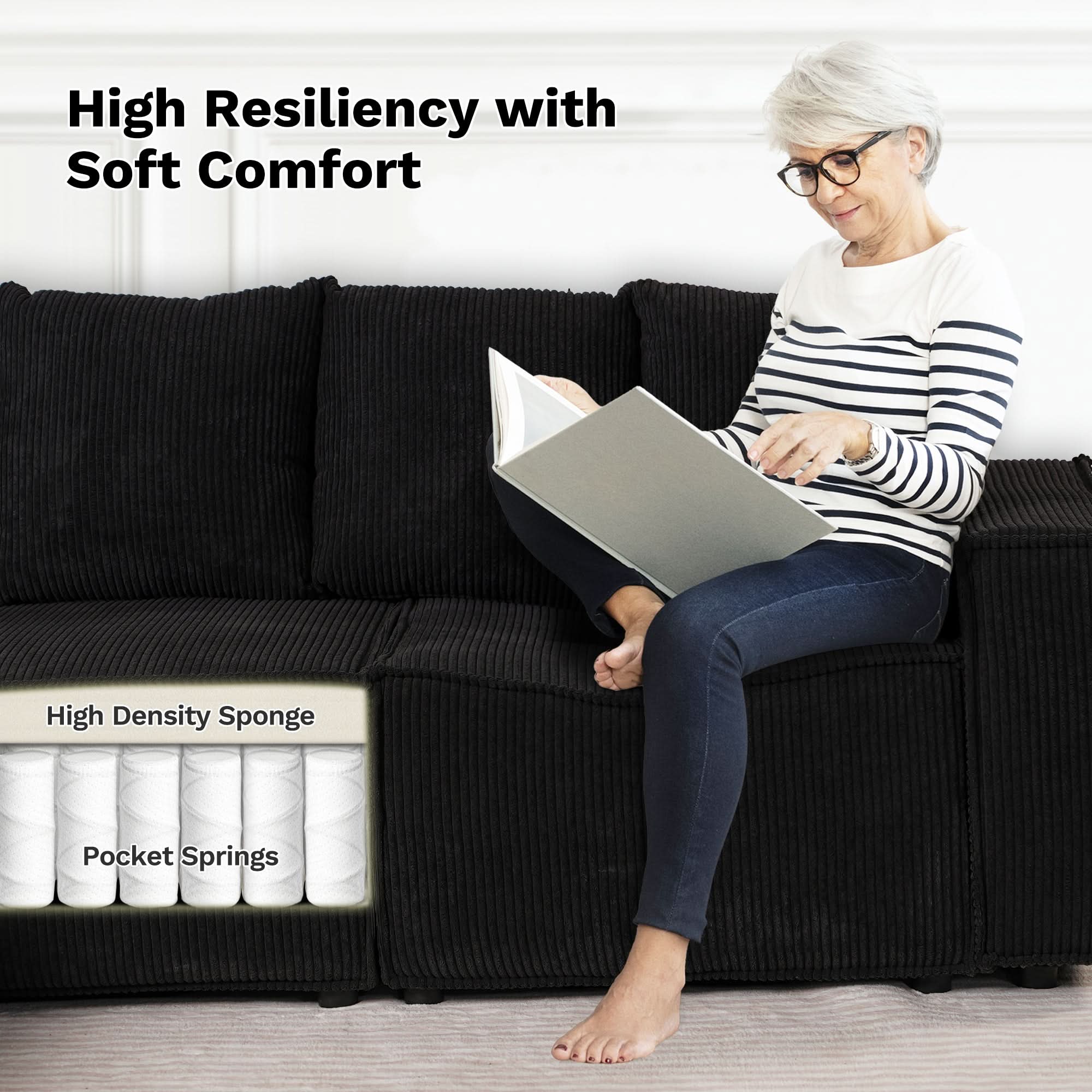 Ovios Living Room Modular Couch 6-Pieces Set, Wide Armrests