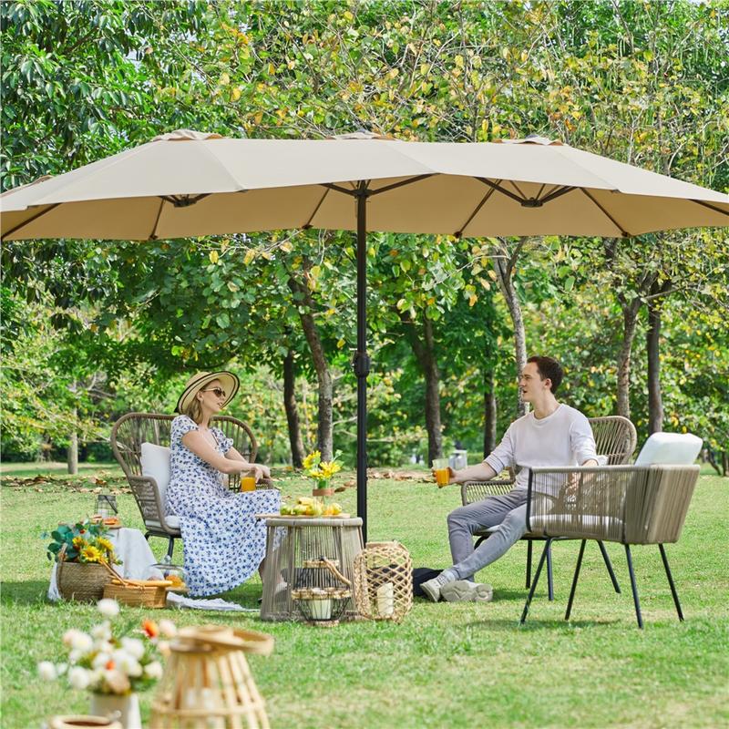 【No Lights】 Yaheetech 15/13ft Large Patio Umbrella Double-Layer Cloth with 12 Ribs, Hand Crank for Easy Opening, 2 Sandbags, Outdoor Design for Garden, Pool, and Lawn