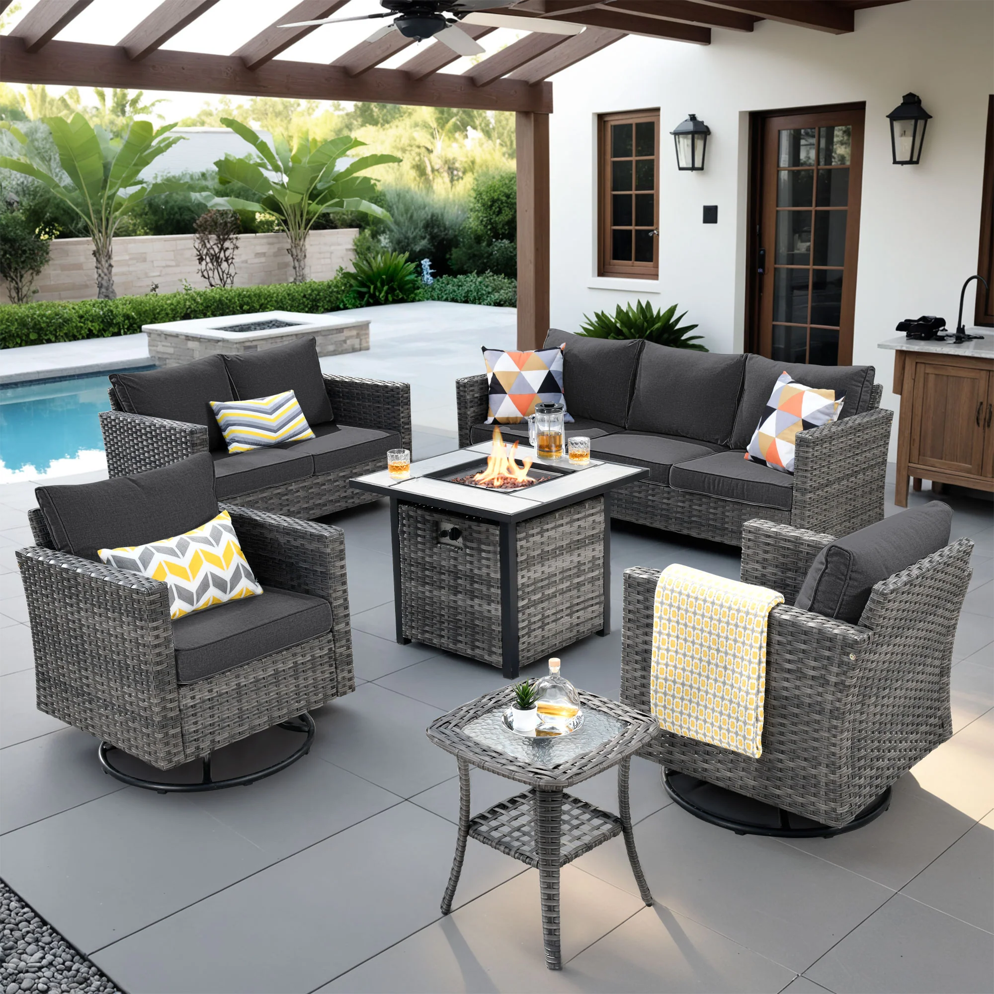Ovios Patio Vultros 6-Piece Set With Swivel Chair Lover seat and 30'' Propane Fire Pit Table