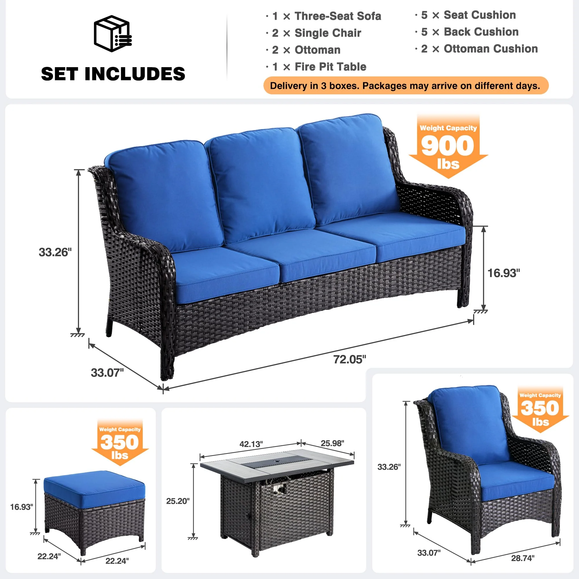 Ovios Patio 6-Piece Conversation Set with 42'' Rectangle Propane Fire Pit Table Kenard